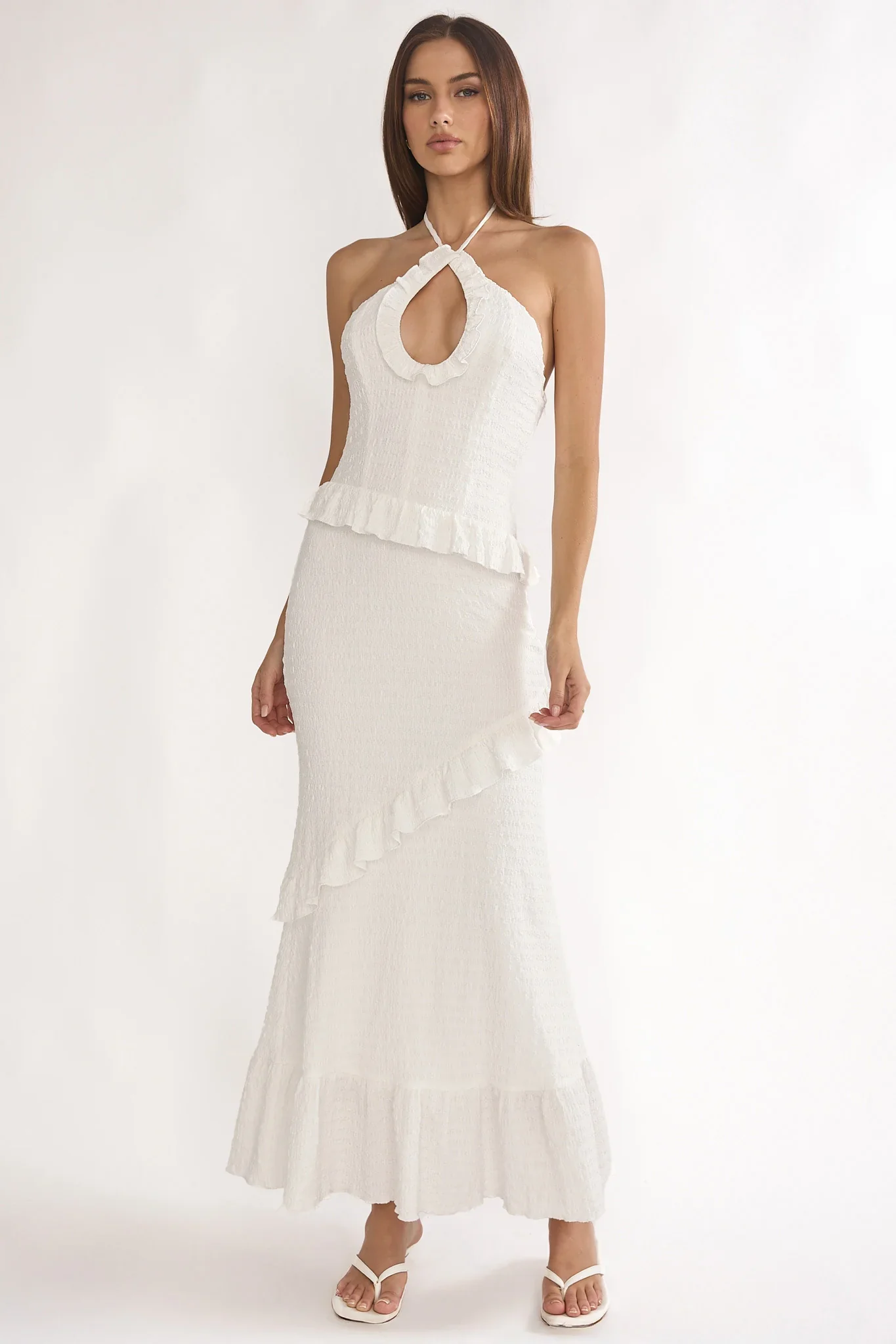 Clemence Smocked Frill Trim Maxi Dress White