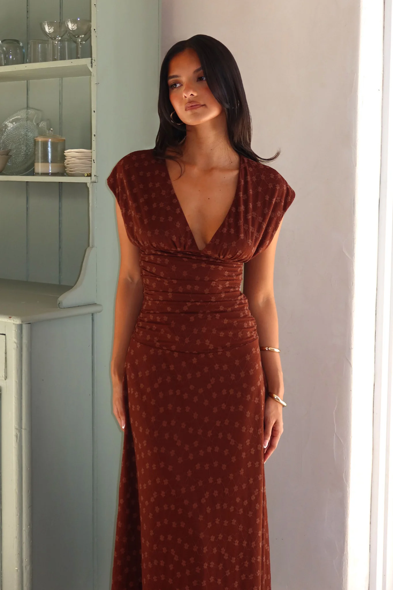 Novia Ruched Bodice Maxi Dress Embroidered Chocolate - luluinthesky