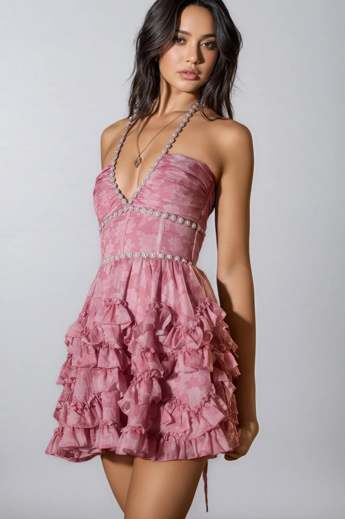 Tryphosa Pink Printed Beaded Mini Dress