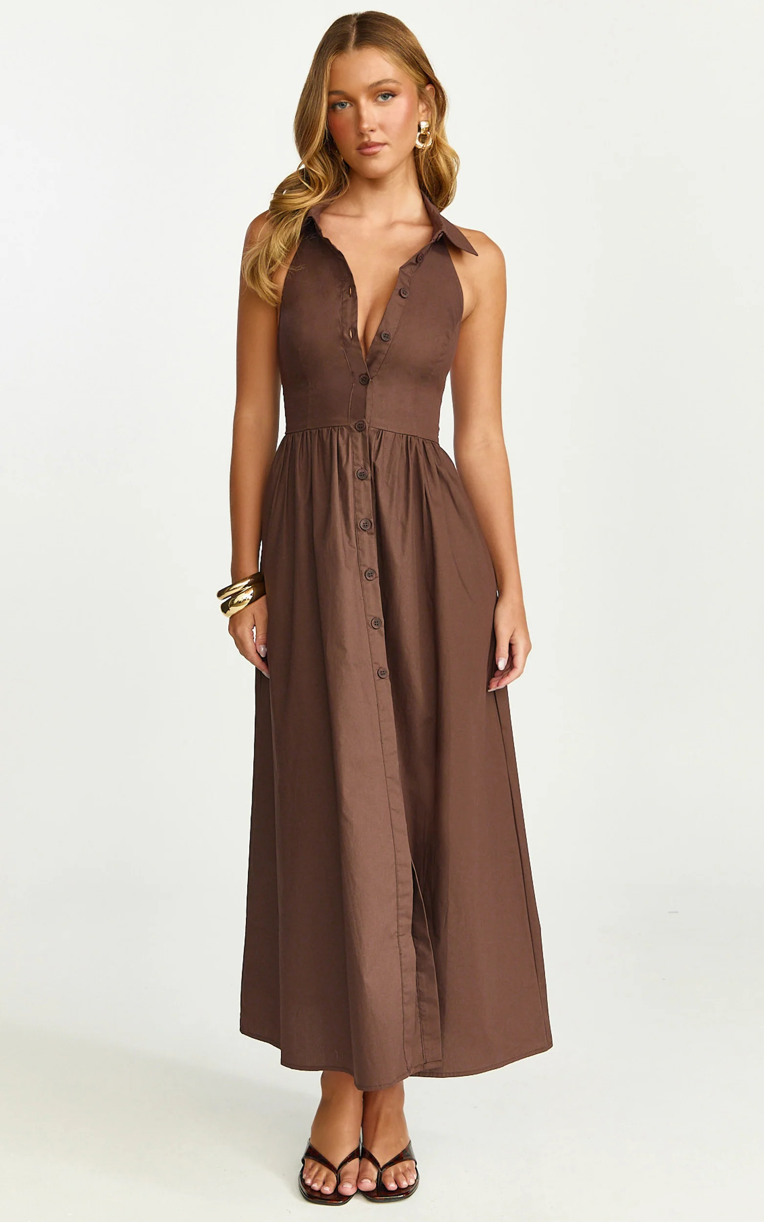 Ruby Midi Dress - Collared Button Down Gathered Waist Skirt Fit And Flare Dress in Dark Chocolate