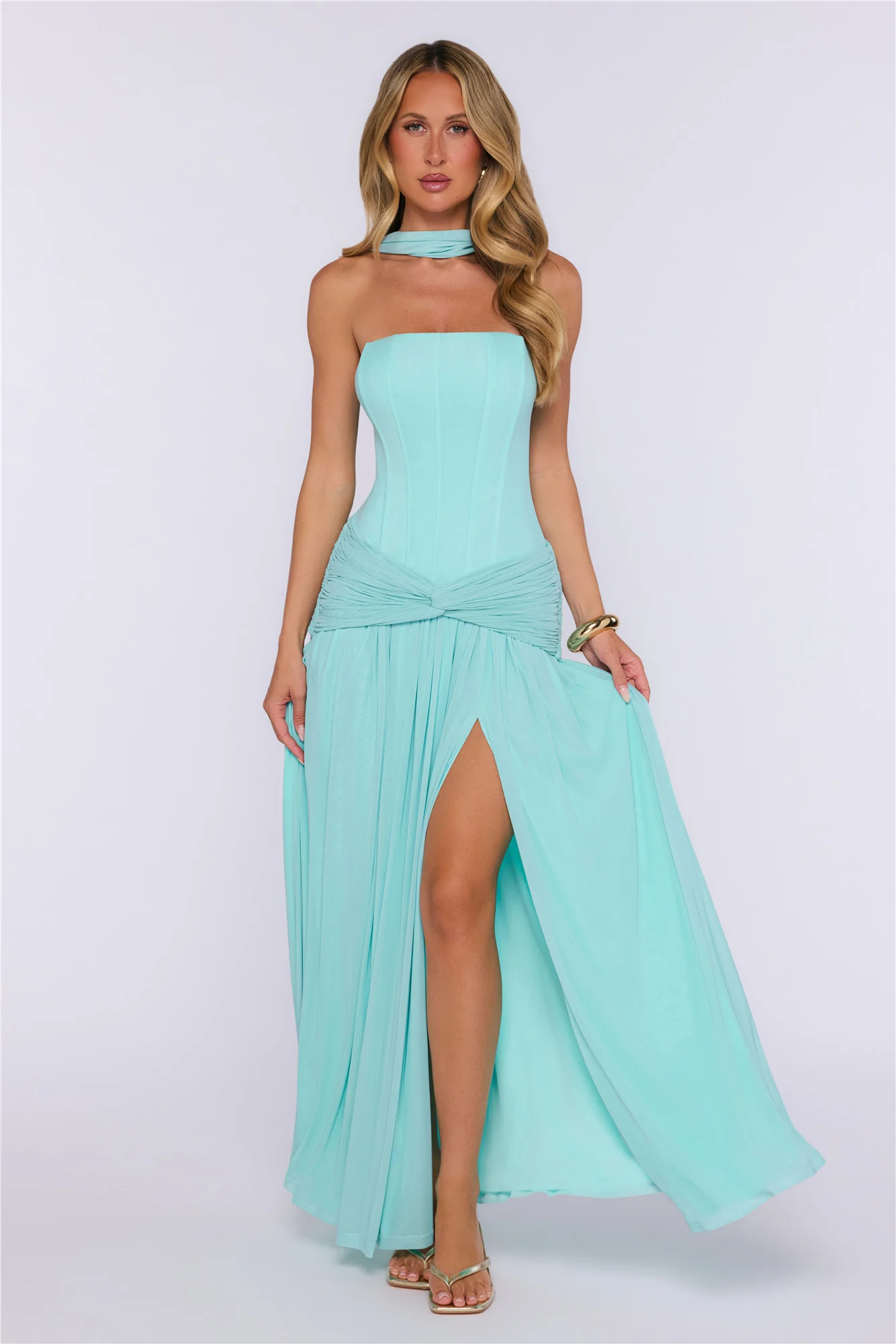 Pretty Feeling Strapless Mesh Maxi Dress Aqua