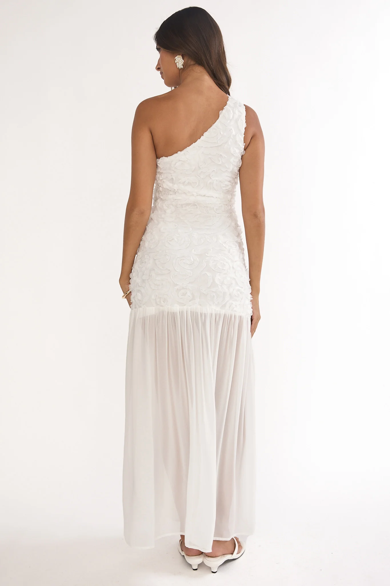 Angel Eye One Shoulder Maxi Dress Embellished White - luluinthesky