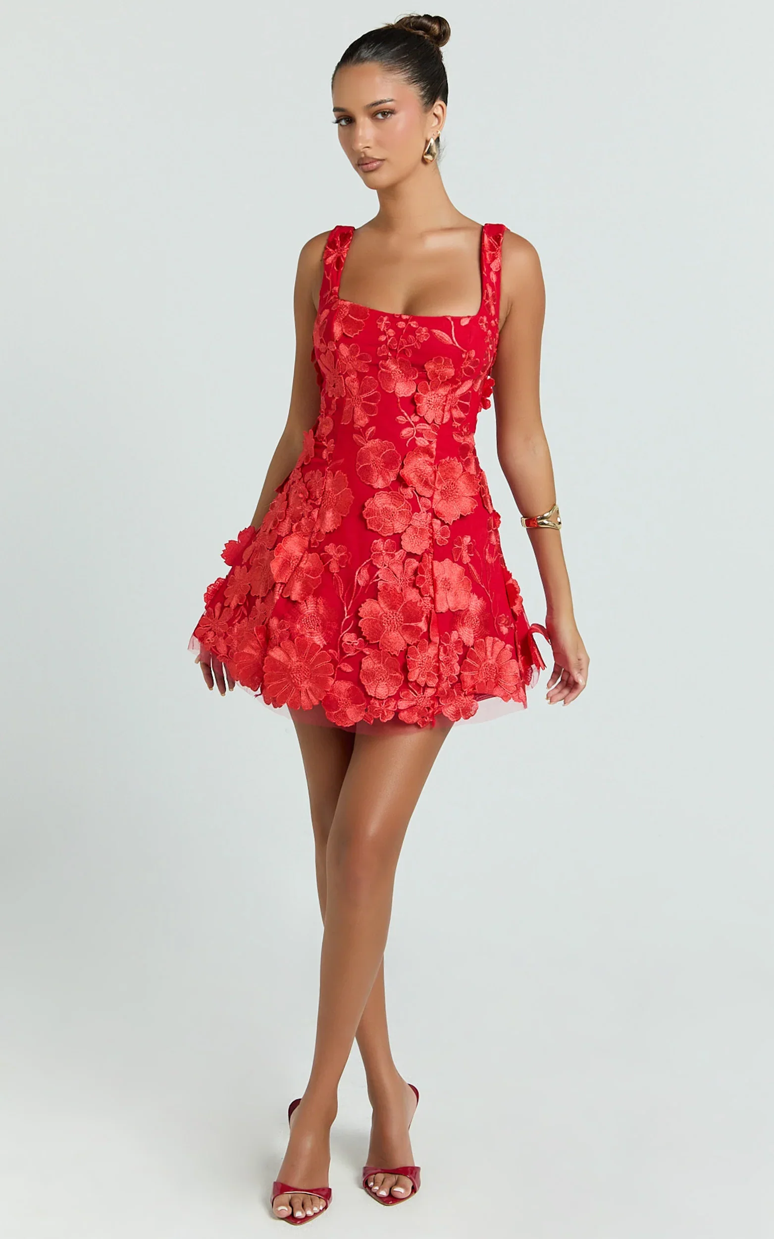 Sienna Mini Dress - 3D Floral Fit And Flare Dress in Red