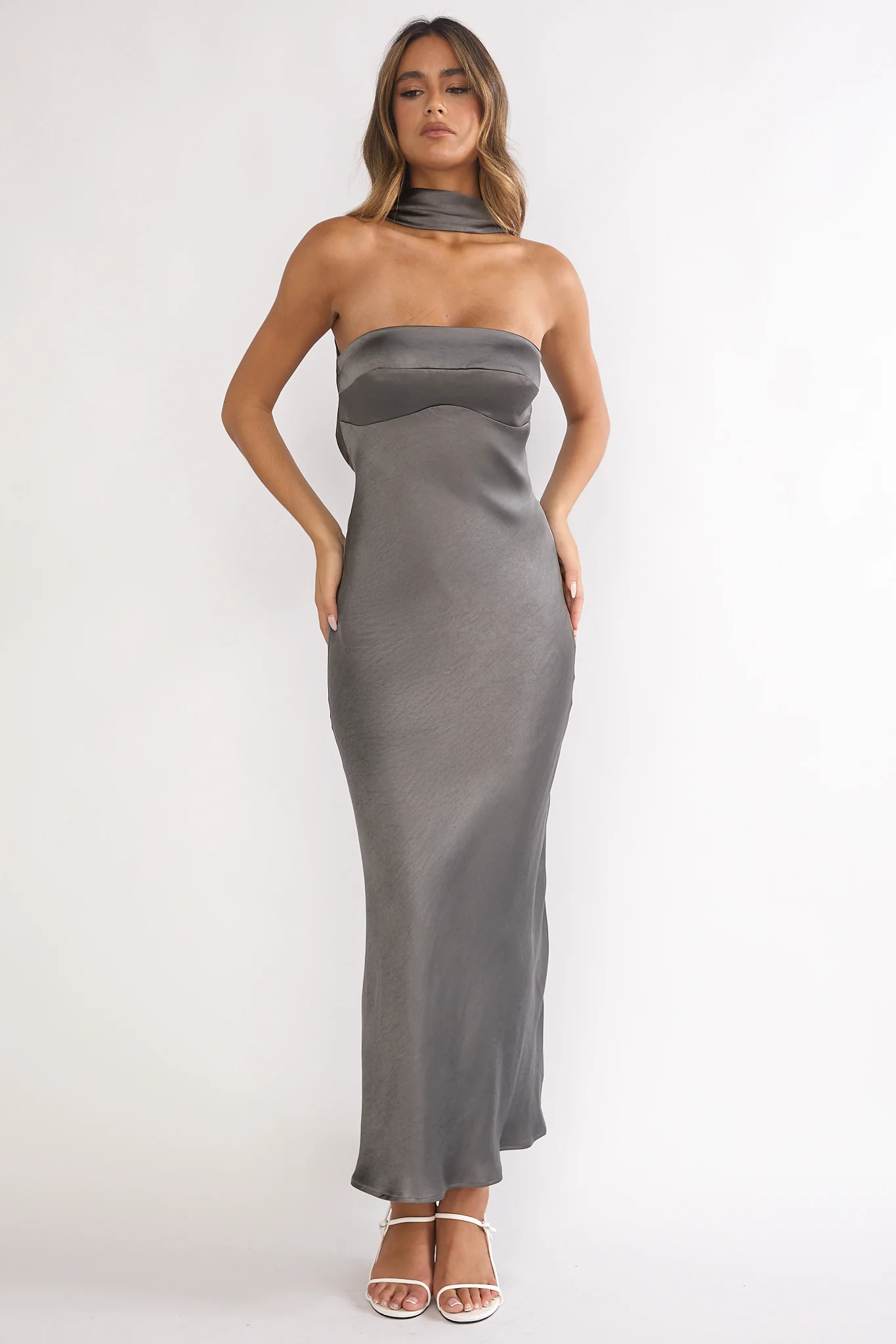 Damsel Reverse Halter Maxi Dress Satin Charcoal - luluinthesky