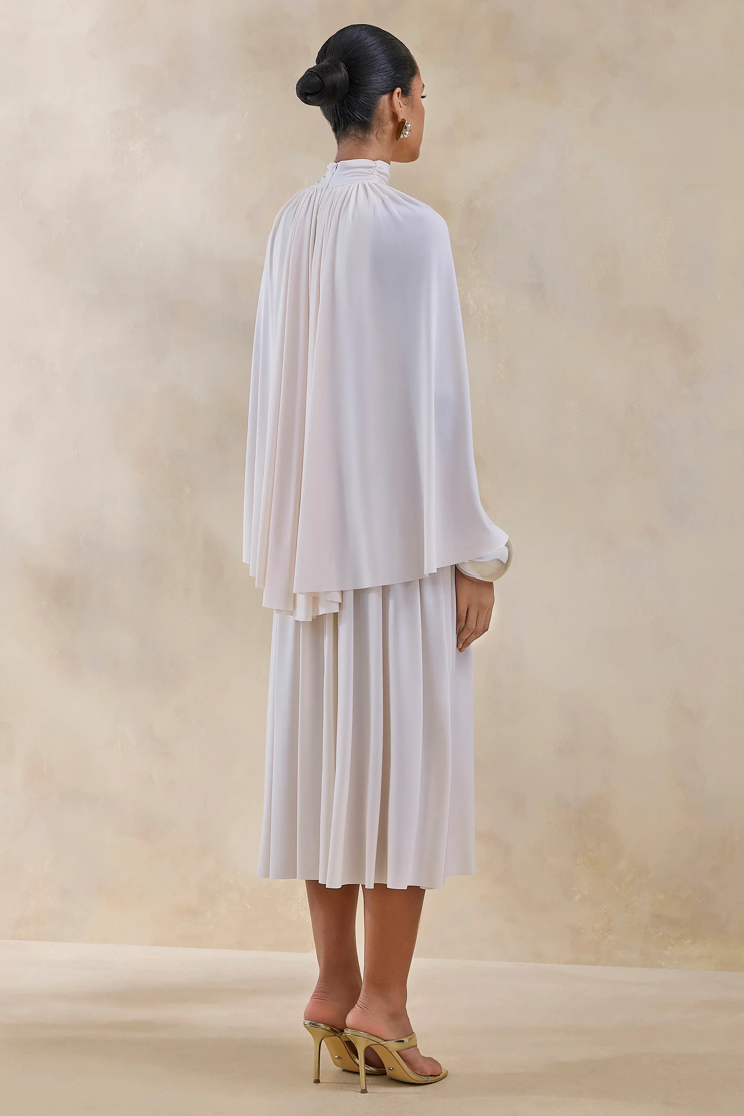 Honora | Cream High-Neck Maxi Dress With Cape-Sleeves