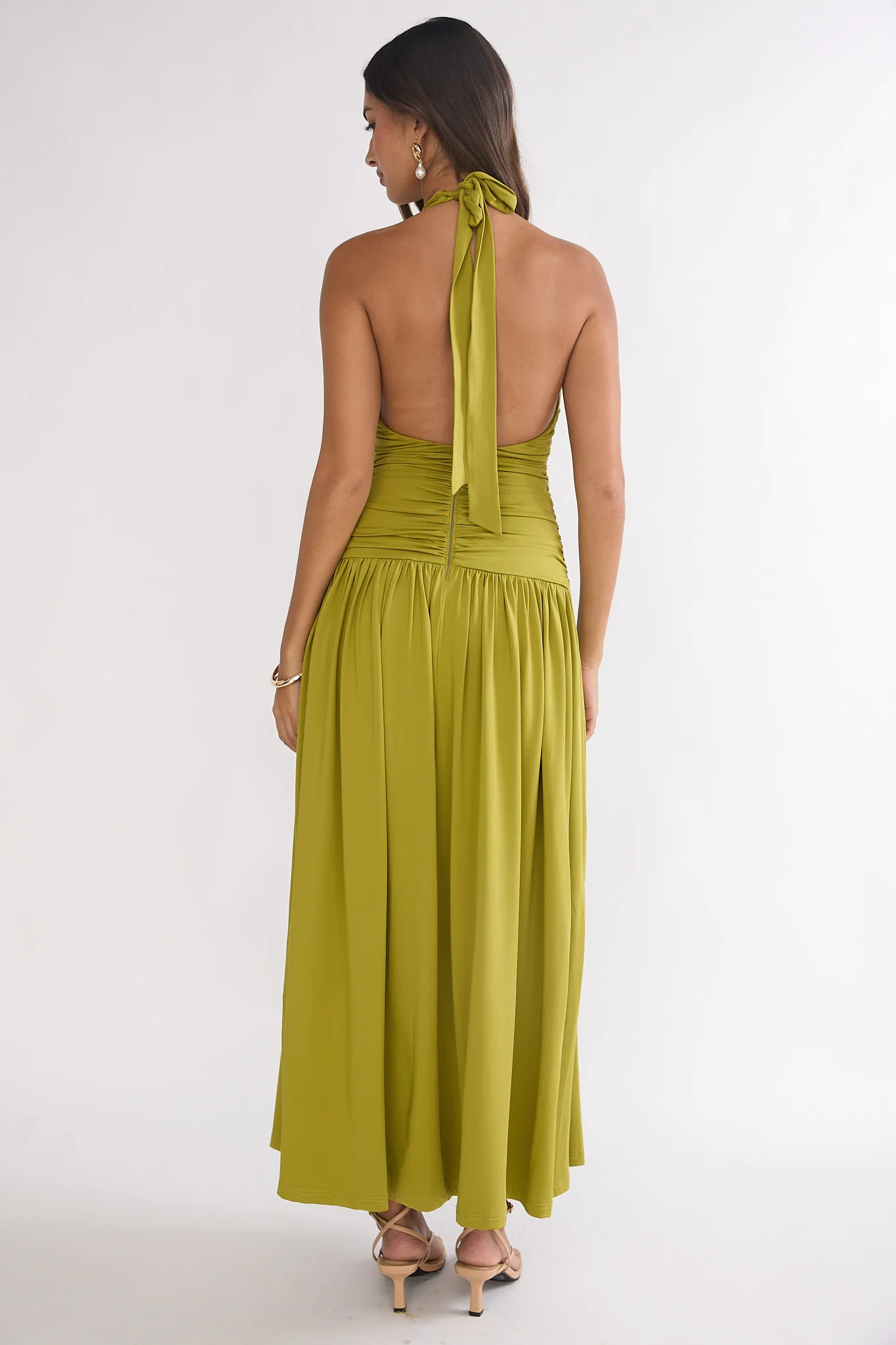 Nightbloom Ruched Waist Halter Maxi Dress Olive - luluinthesky