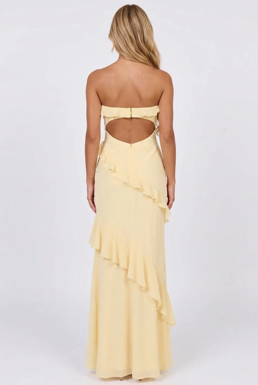 Say It Back Strapless Ruffle Maxi Dress