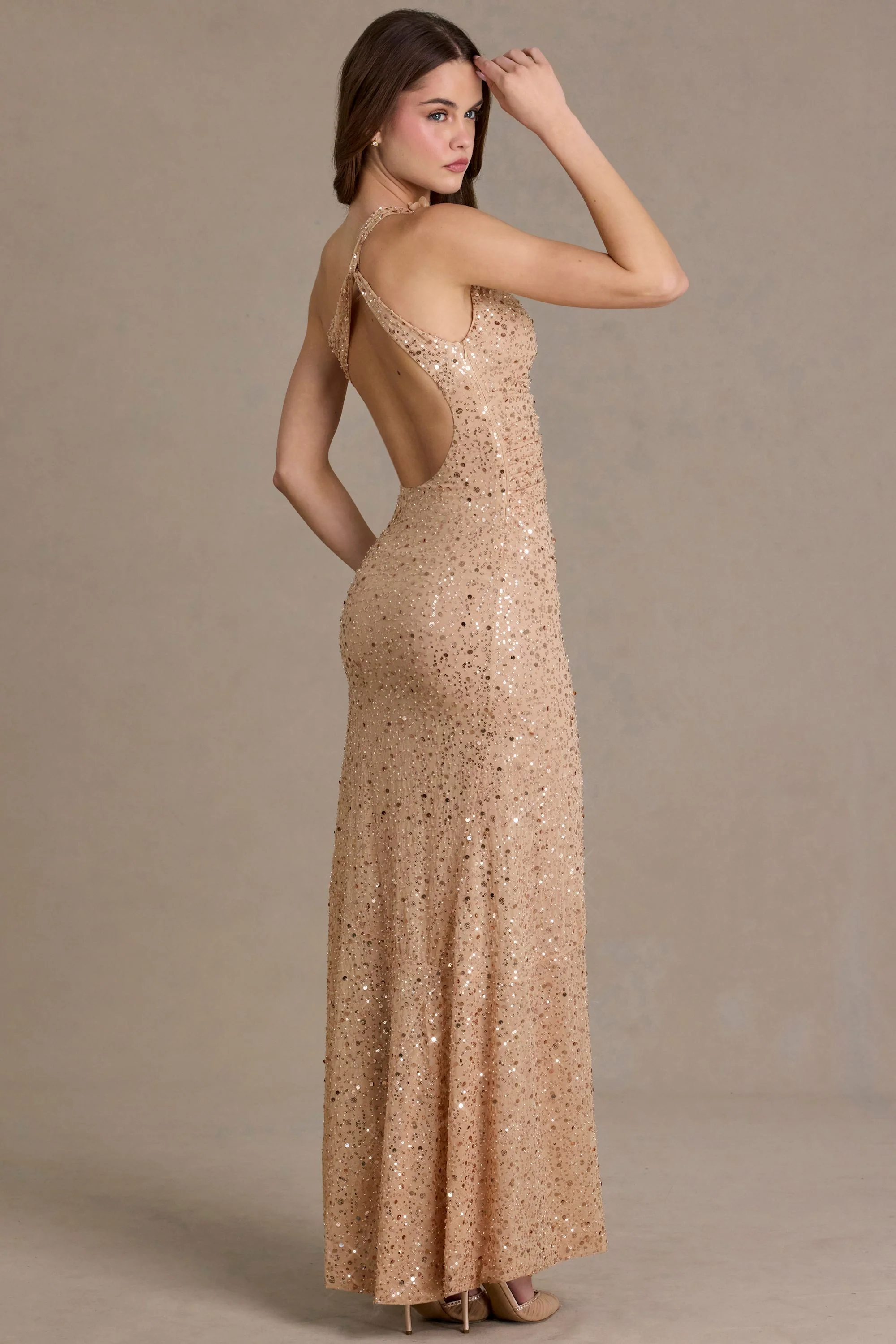 Embellished Asymmetric One-Shoulder Maxi Dress in Sand