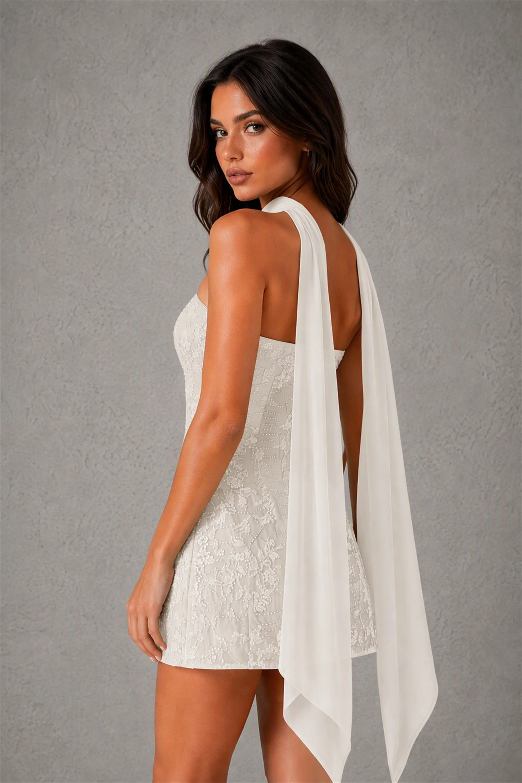 BOLODOO Champagne Strapless Sequin Floral Embroidered Mini Dress with Detachable Chiffon Neck Scarf