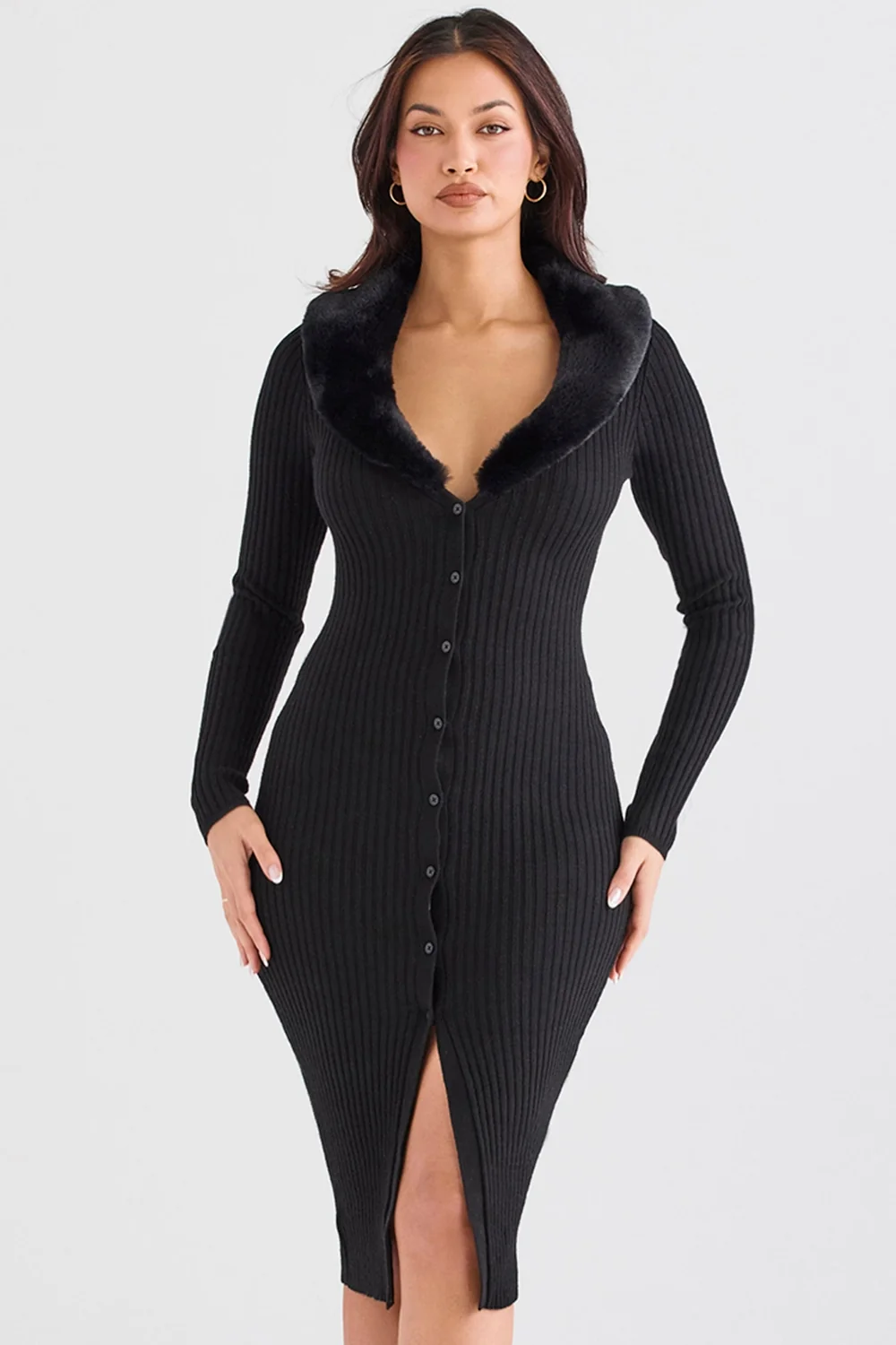 Black Faux Fur Trim Dress