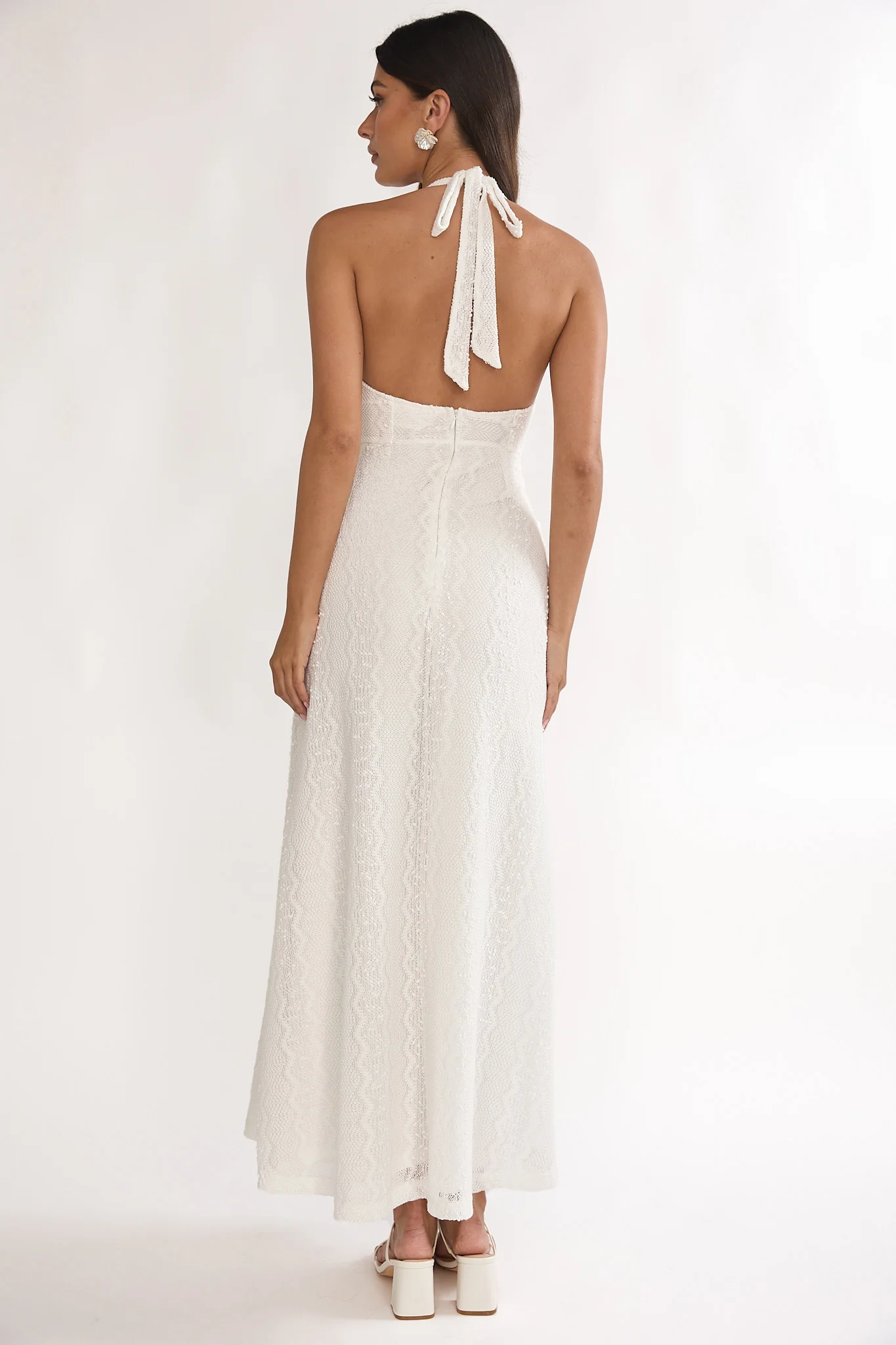 Beaucoup Lace Overlay Halterneck Maxi Dress Cream