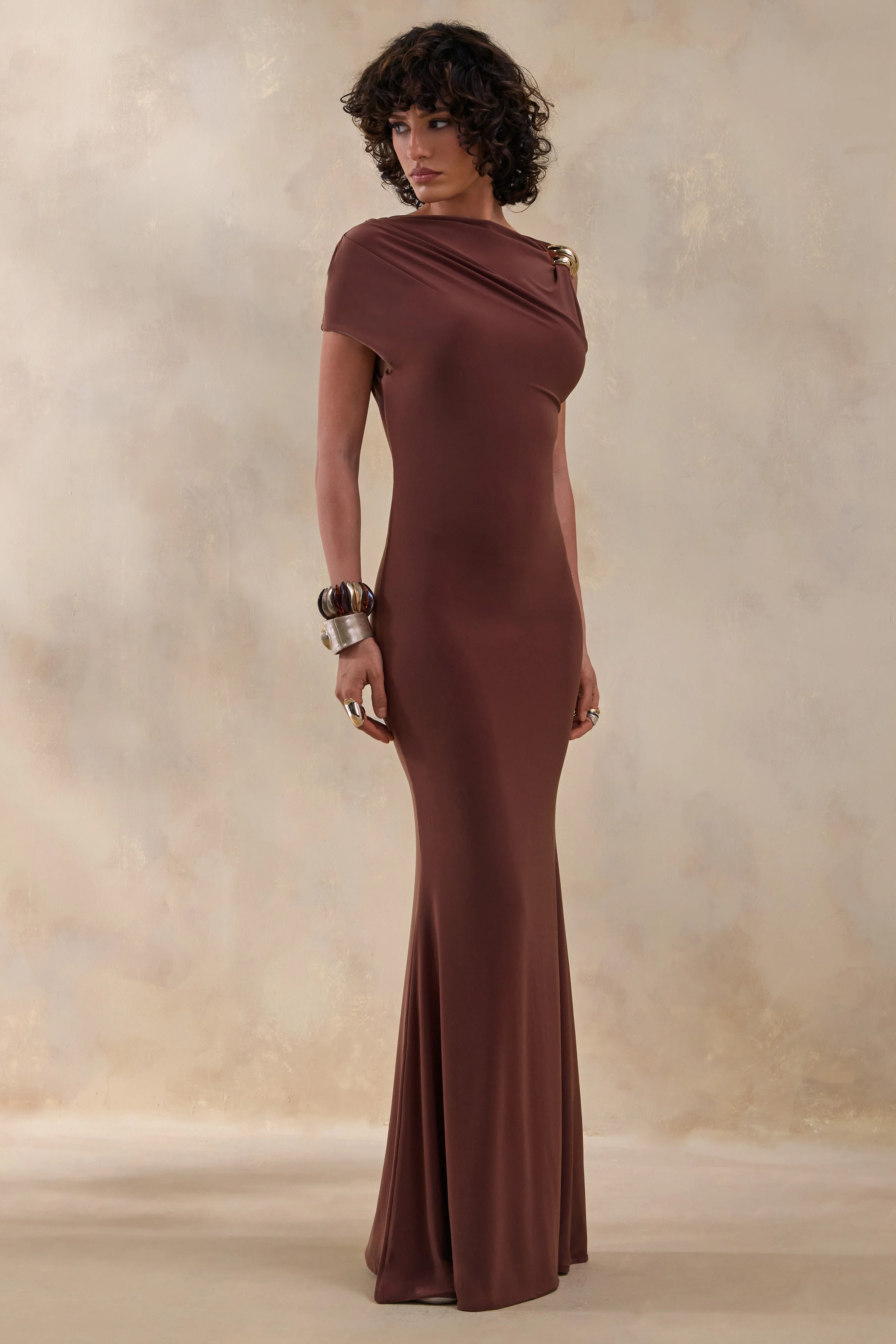 Blaire | Brown Asymmetric-Neck Maxi Dress With Gold-Detailing