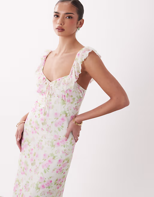 Gina Tricot frill maxi dress in multi flower print