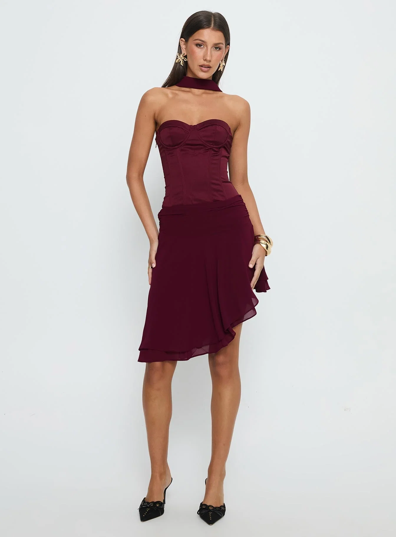 Rhythms Scarf Detail Midi Dress Wine