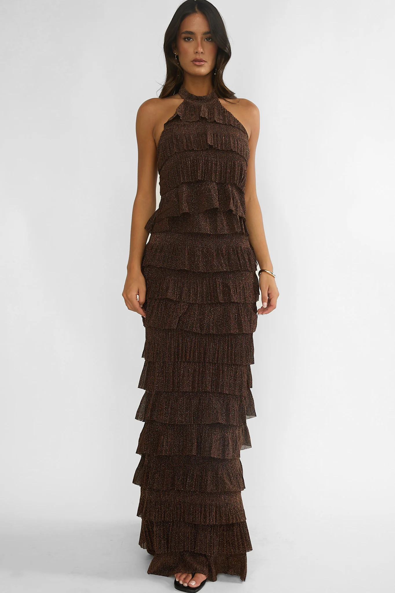 Kaelia Tiered Halter Maxi Dress Sparkle Brown