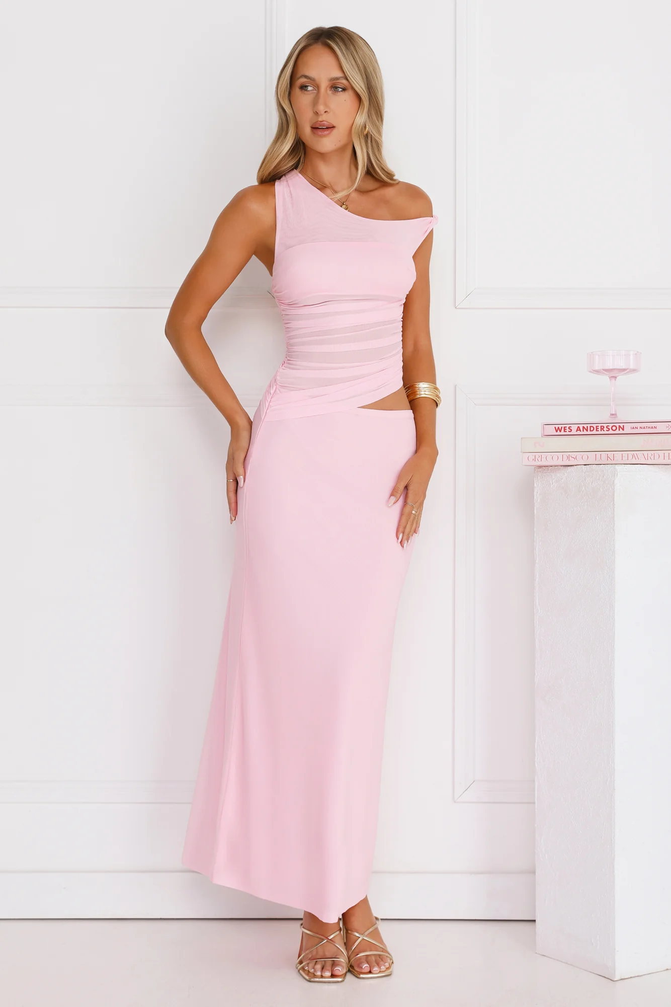 Everyday Pretty Off Shoulder Mesh Maxi Dress Pink