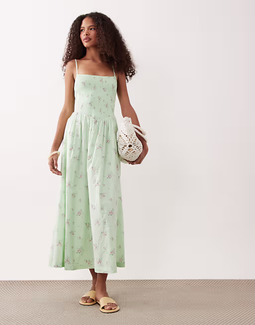 Abercrombie & Fitch smocked midi dress with dipped waist in green ditsy print