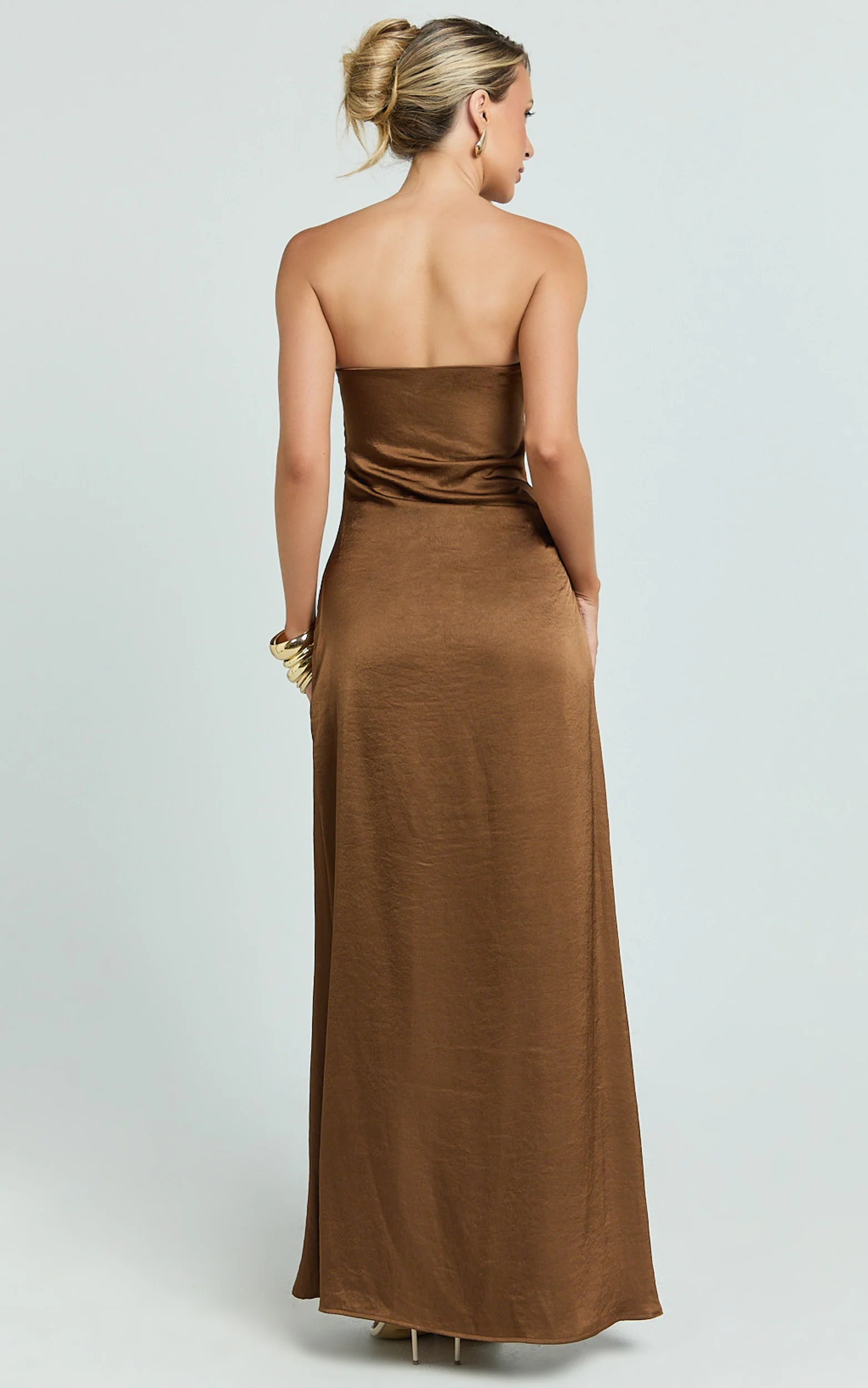 Laurie Maxi Dress - Strapless Draped Satin Dress in Chocolate