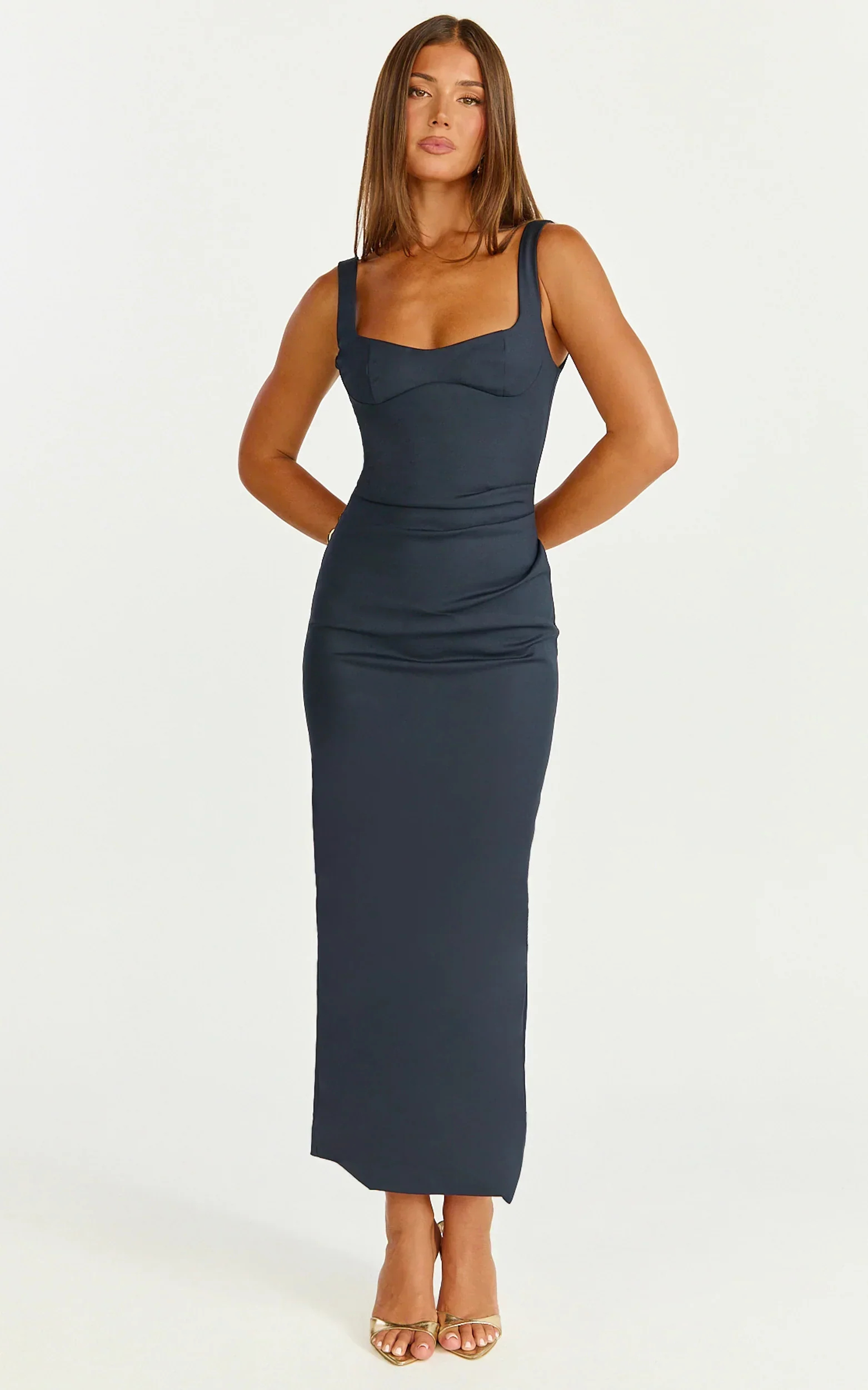 Benita Midi Dress - Scoop Neck Ruched Fitted Dress in Navy