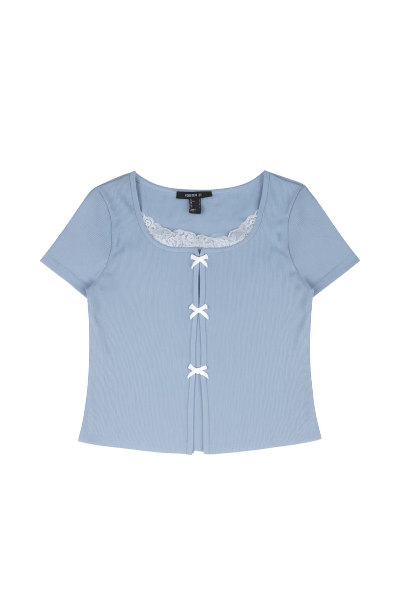 Ribbed Lace-Trim Bow Top