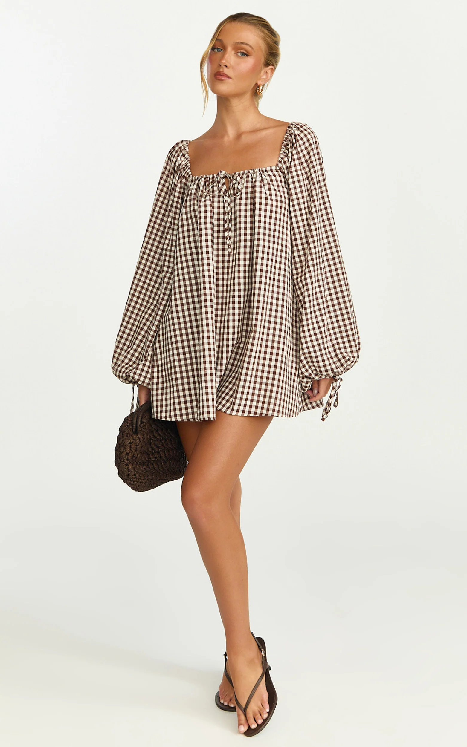Brixton Mini Dress - Square Neck Smock Dress in Chocolate