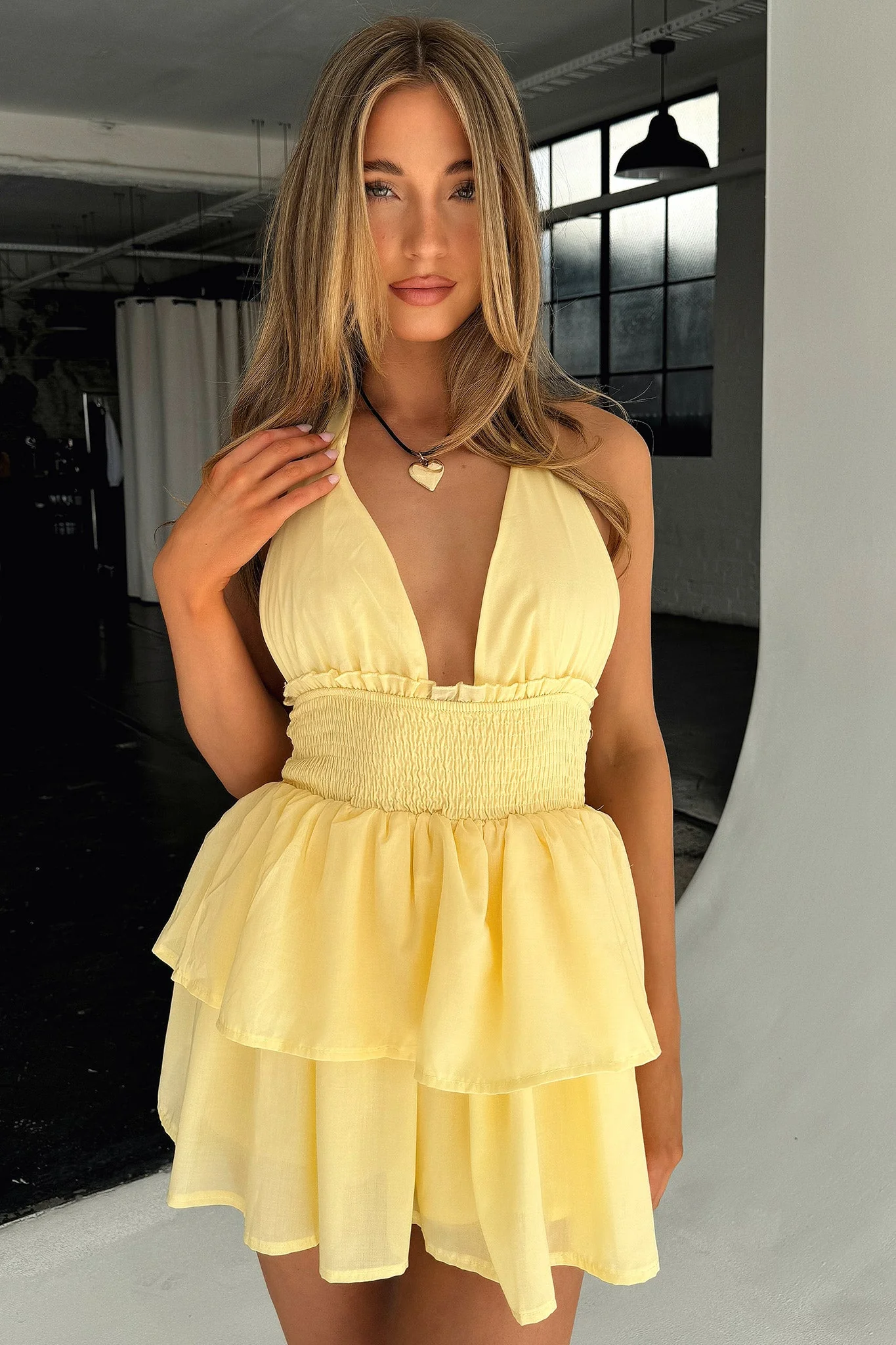 April Tiered Halter Mini Dress - Yellow