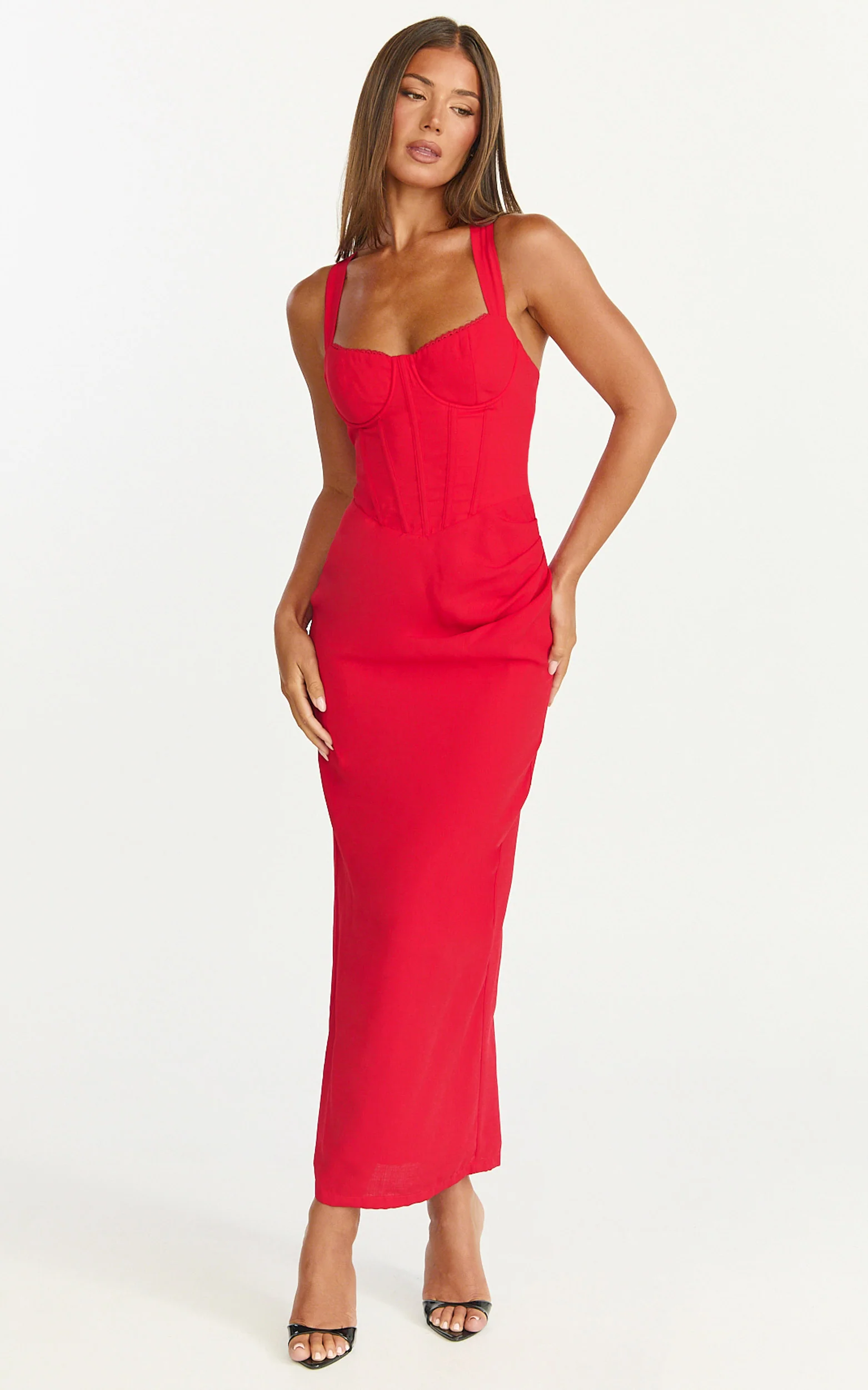 Lila Midi Dress - V Neck Corset Top Bodycon Dress in Red