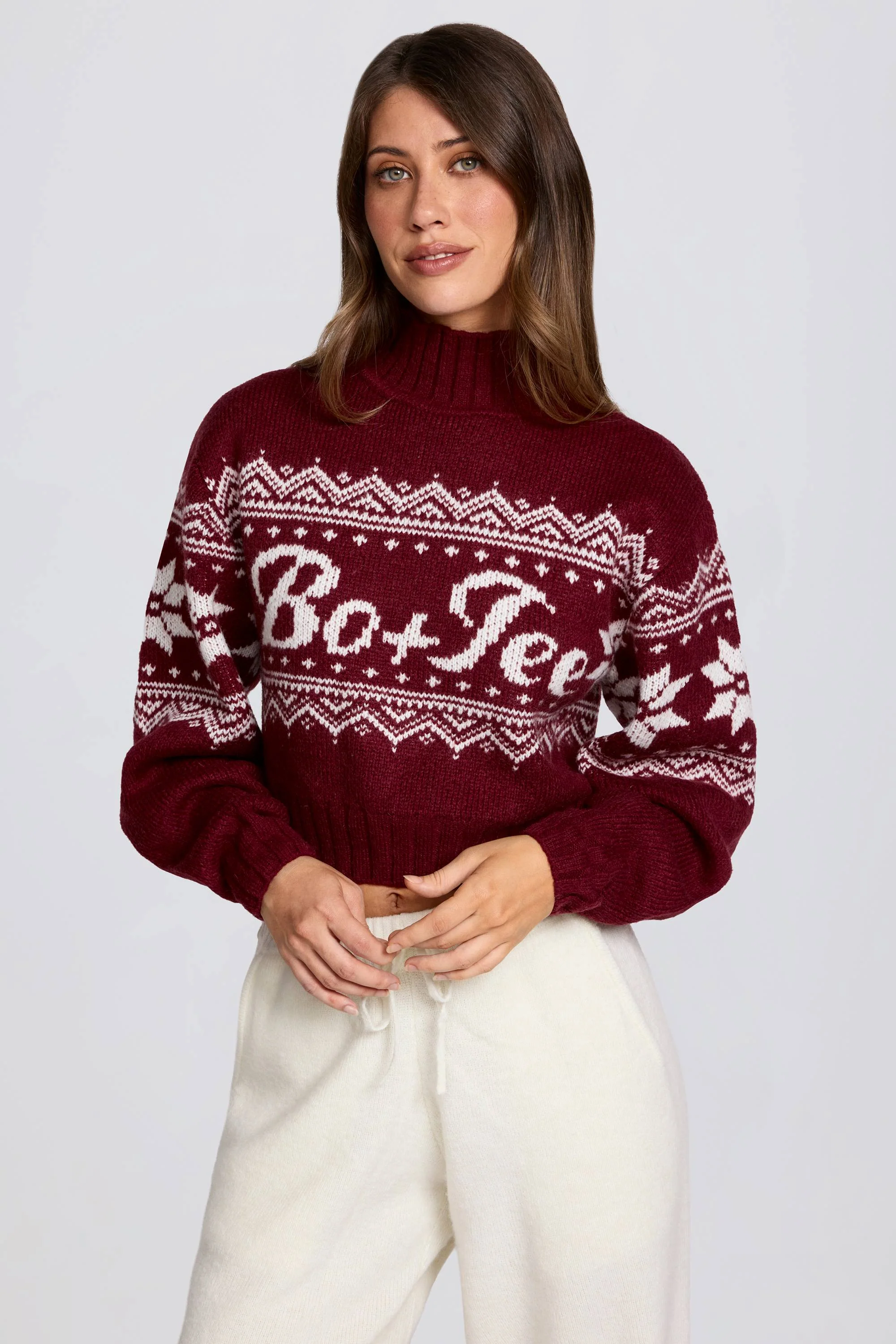 Jacquard-Knit Cropped Jumper in Crimson Red