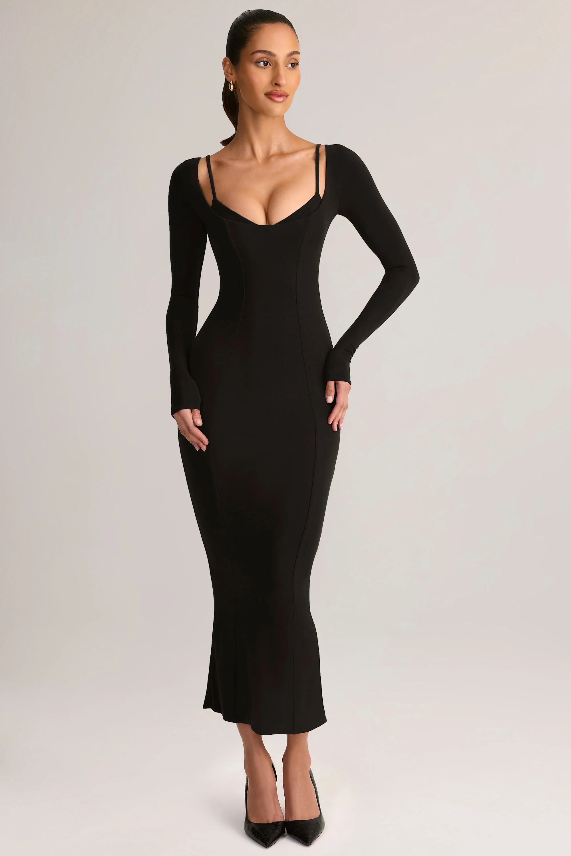 Modal Peekaboo Long-Sleeve Midi Dress in Black