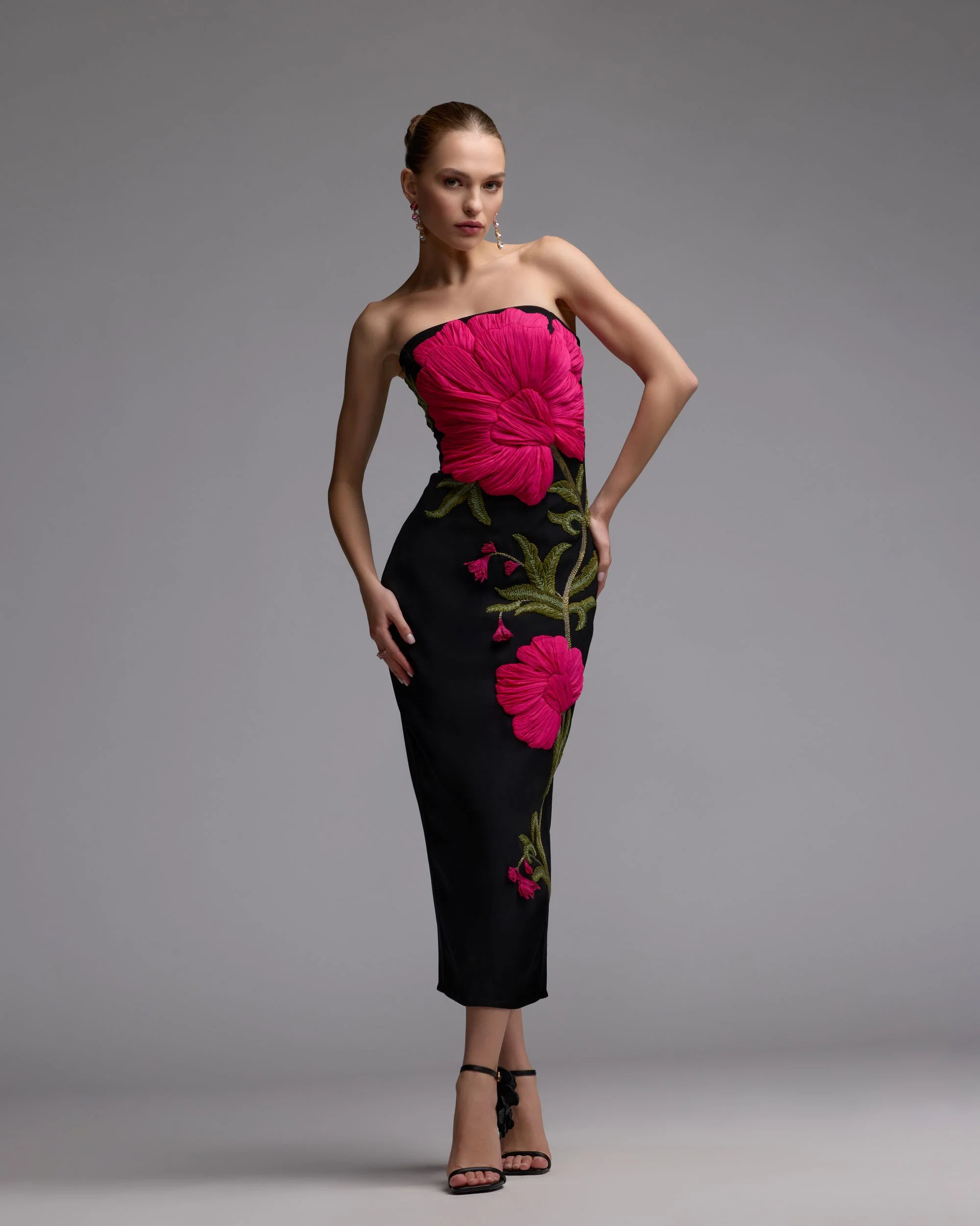 Black Strapless Floral Embroidered Midi Dress - FASHION NOB