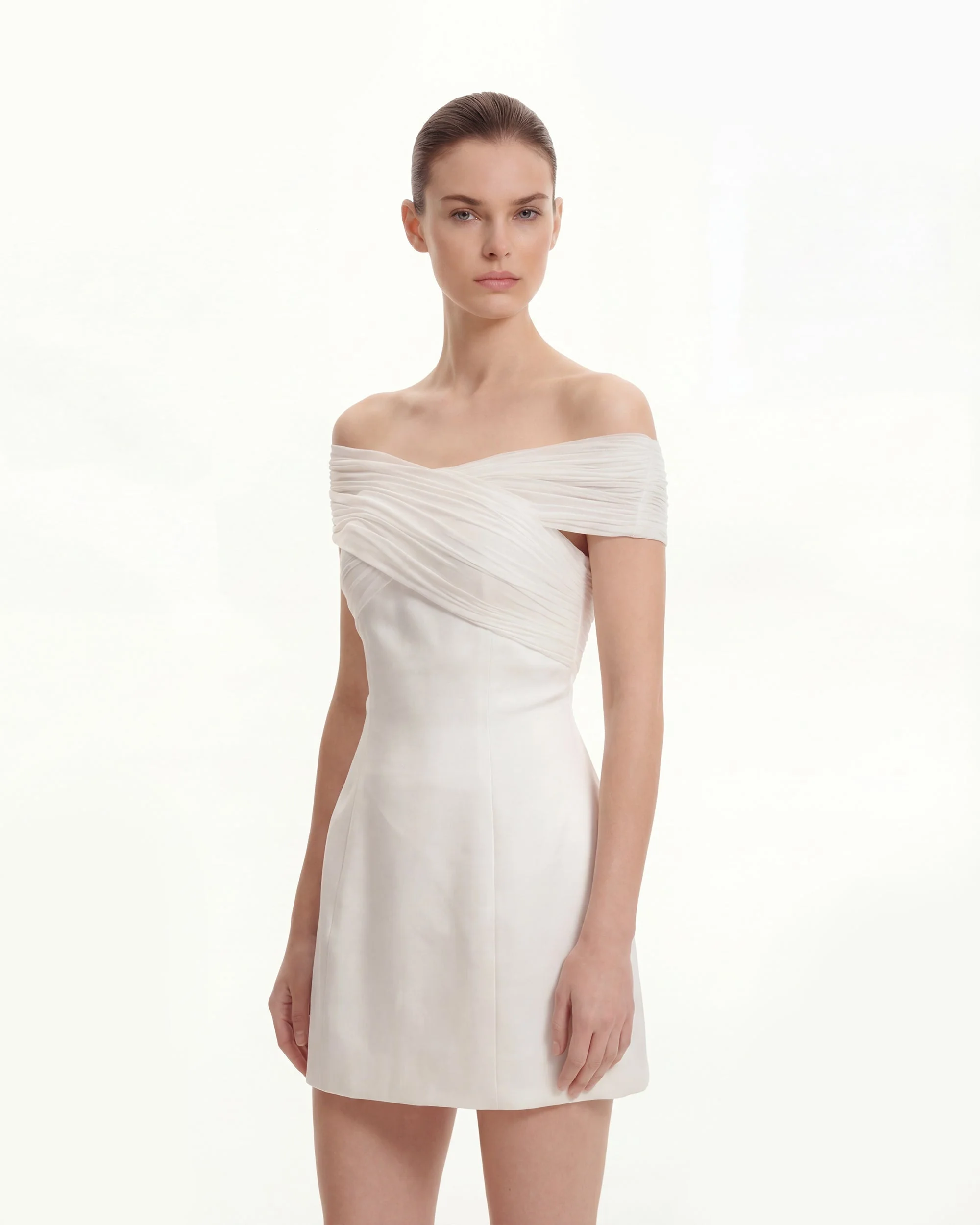 Satin Mini Dress with Tulle Cross-Halter - White - FASHION NOB