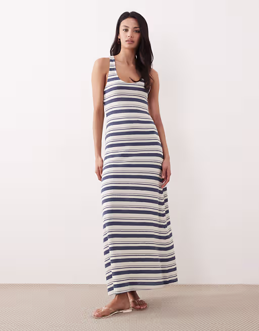 knit jersey racer midi dress in blue and cream stripe
