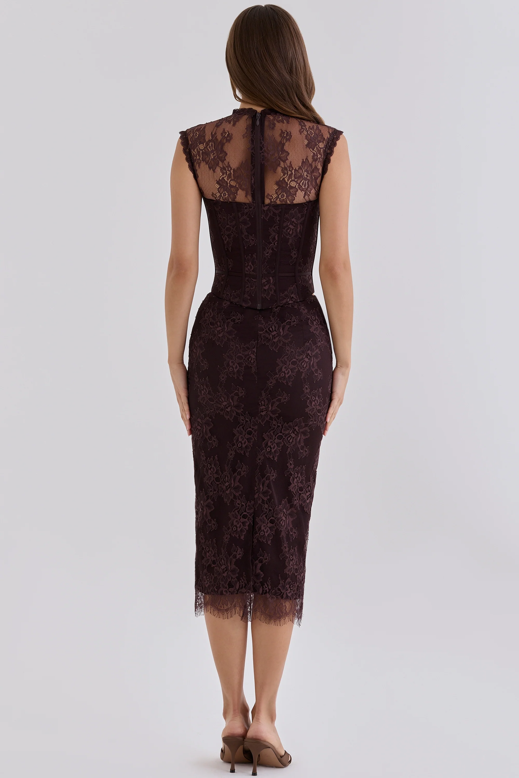 Chocolate Brown Lace Midi Skirt