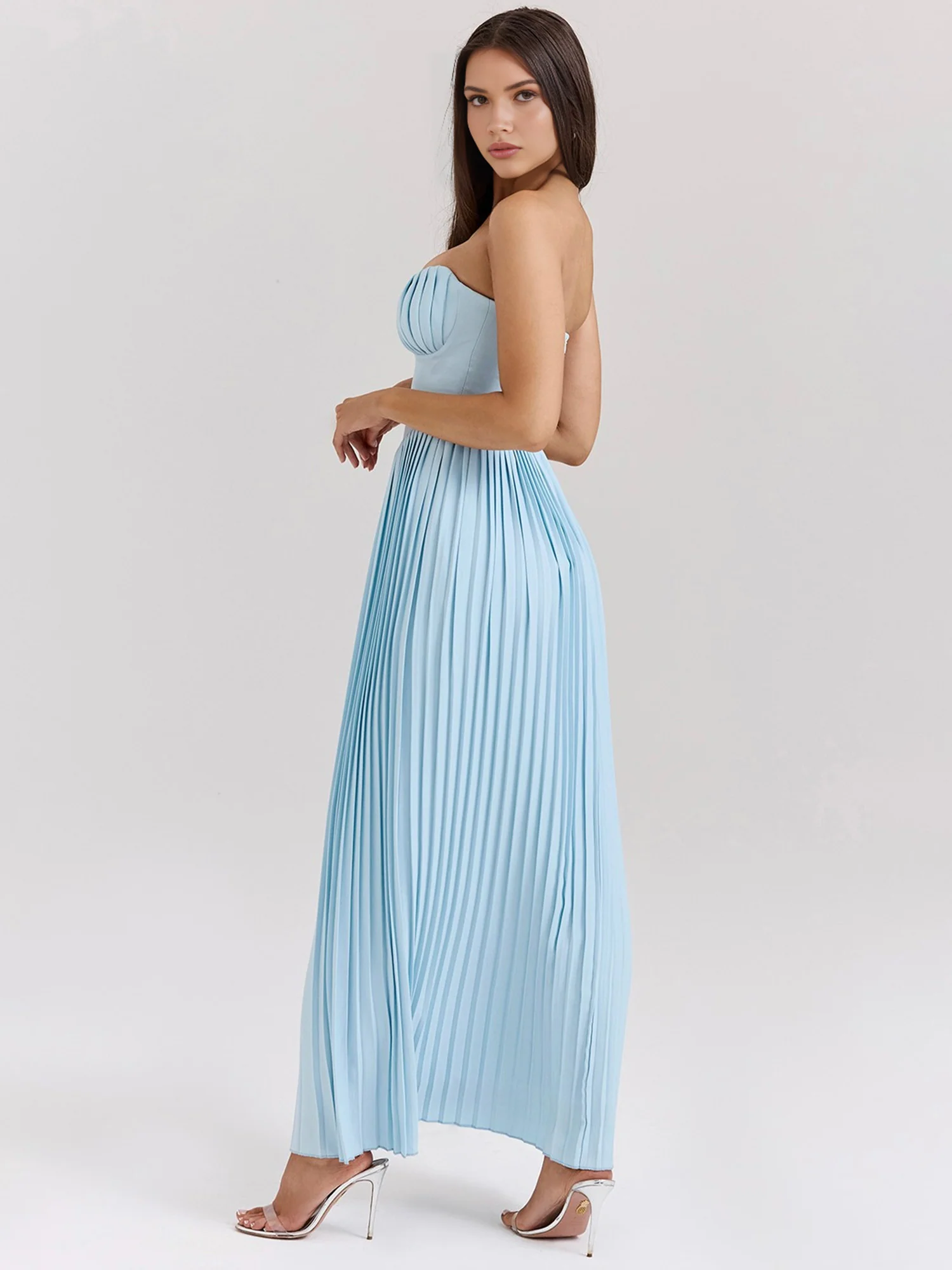 Pleated Strapless Sky Blue Maxi Dress