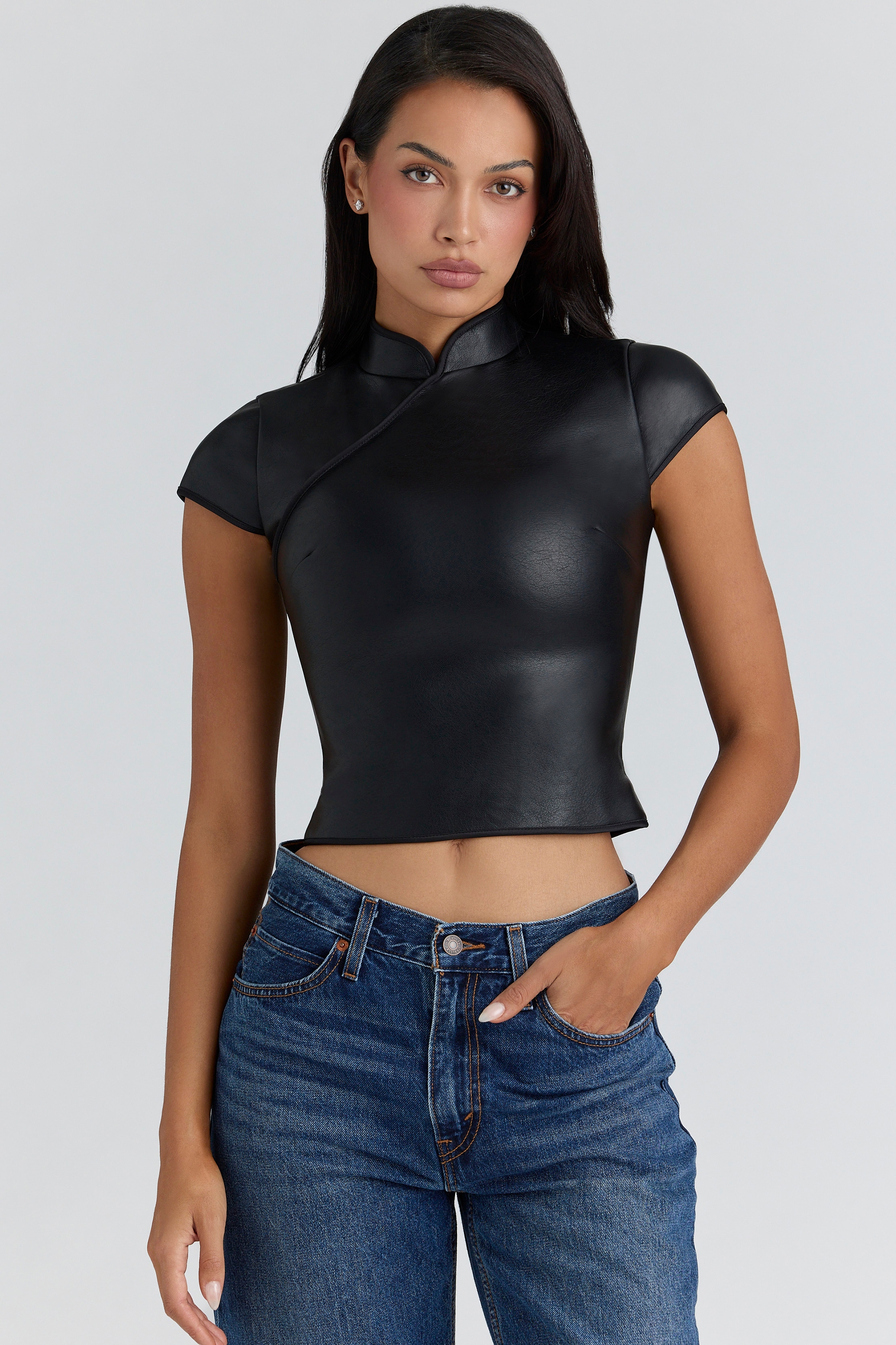 Black Vegan Leather Mandarin Collar Top