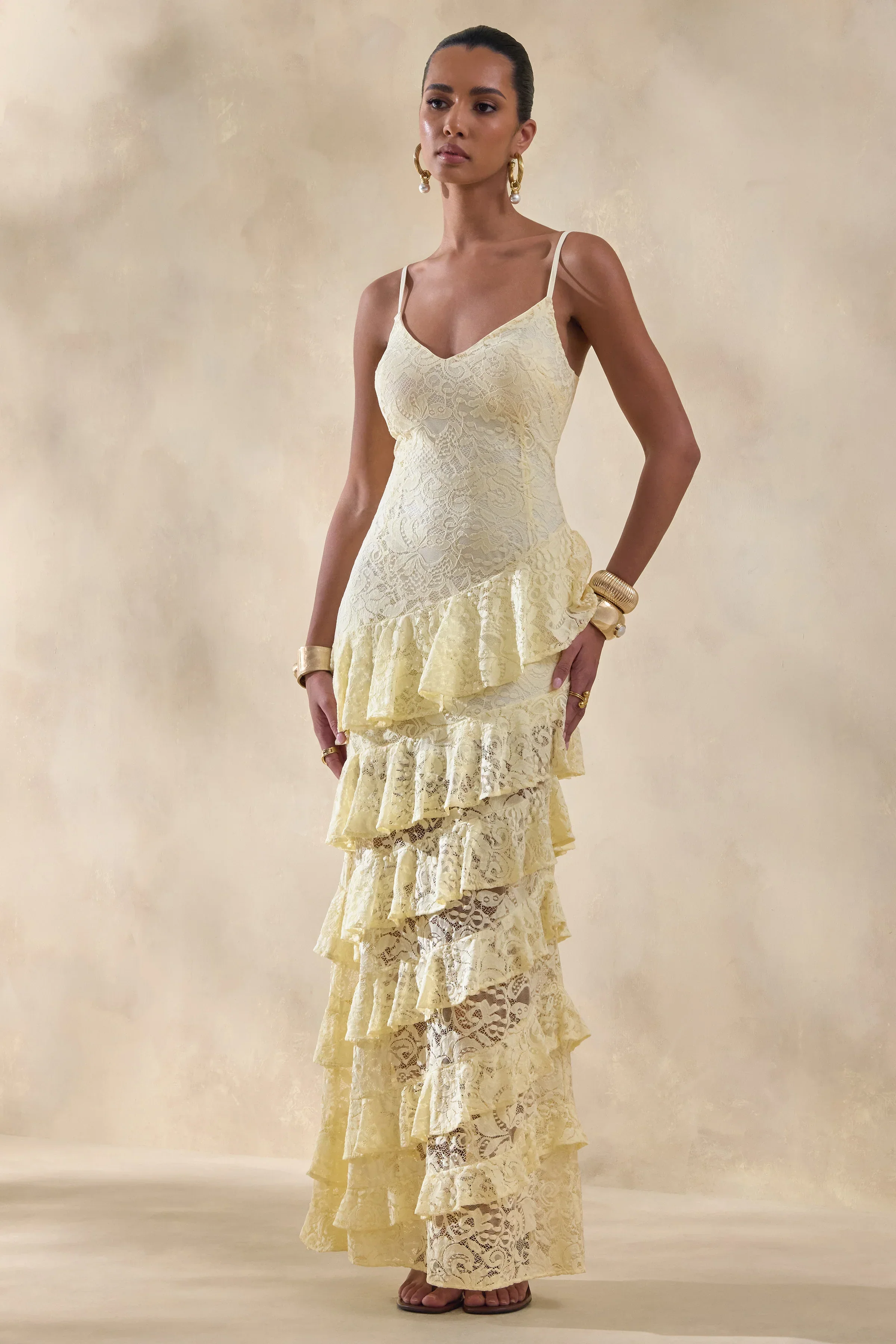 Avelisse | Lemon Lace Plunge-Neck Maxi Dress With Ruffled Detailing