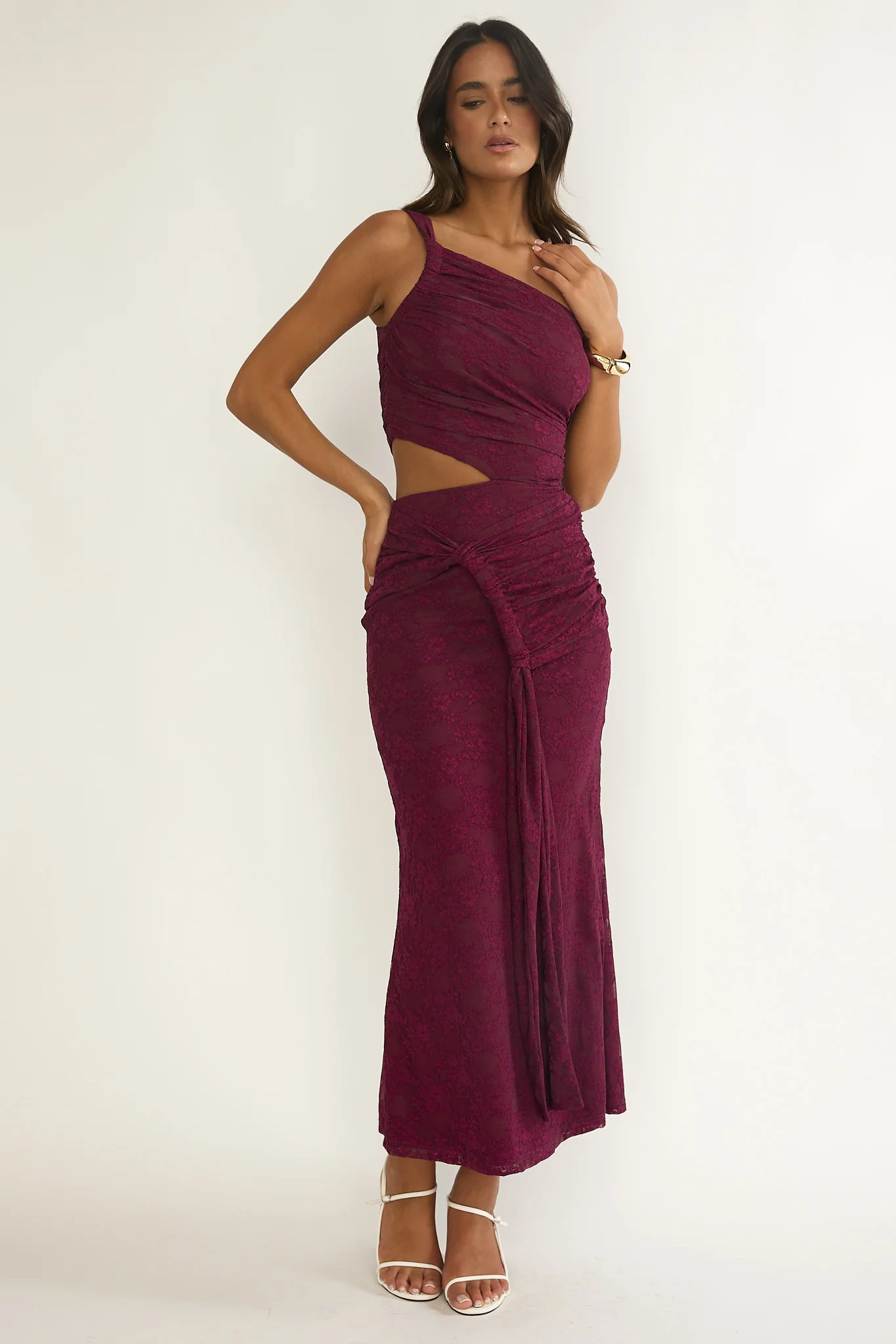 Luli One-Shoulder Cut-Out Maxi Dress Textured Plum - luluinthesky