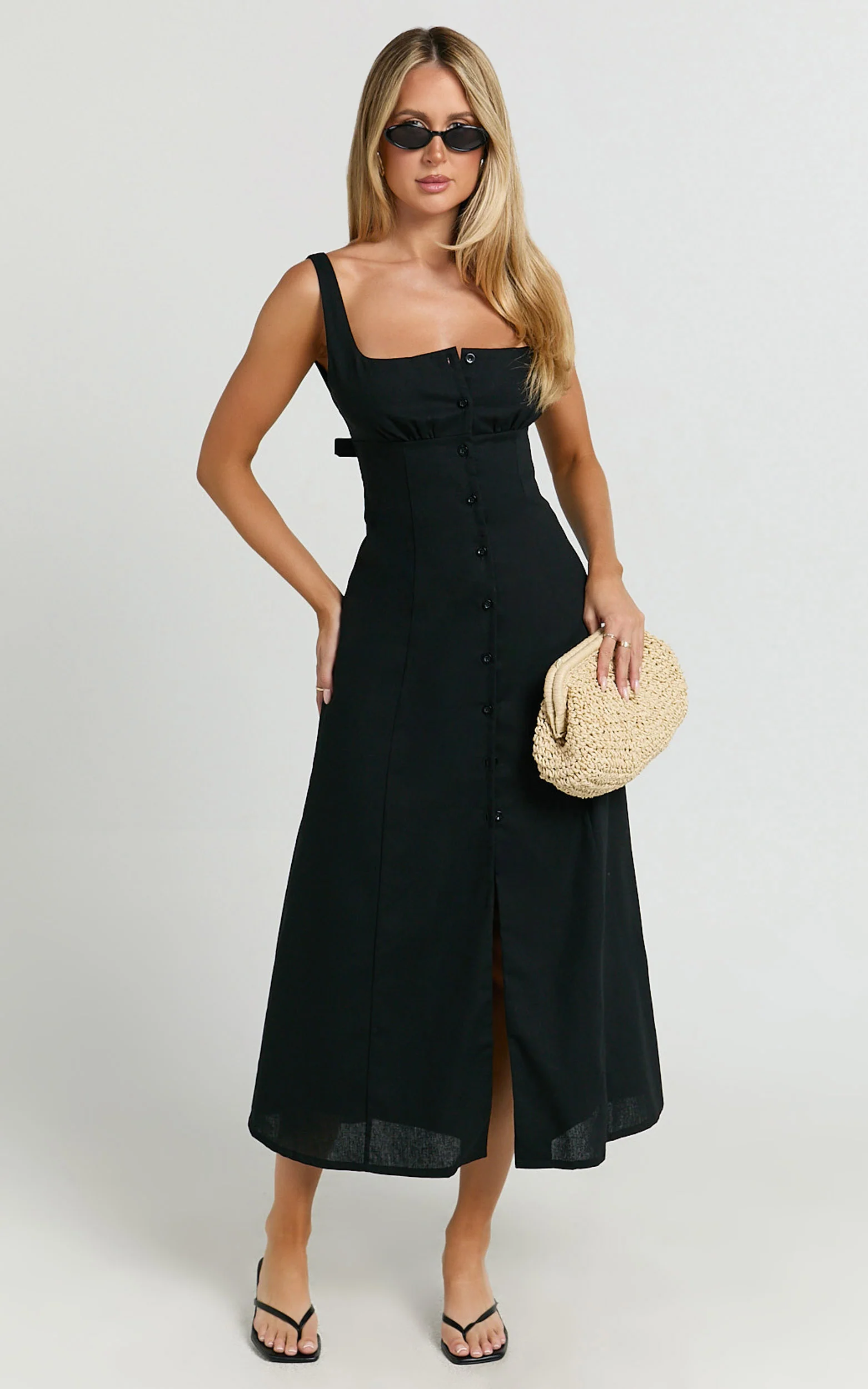 Cameron Midi Dress - Button Front Tie Back Dress in Black