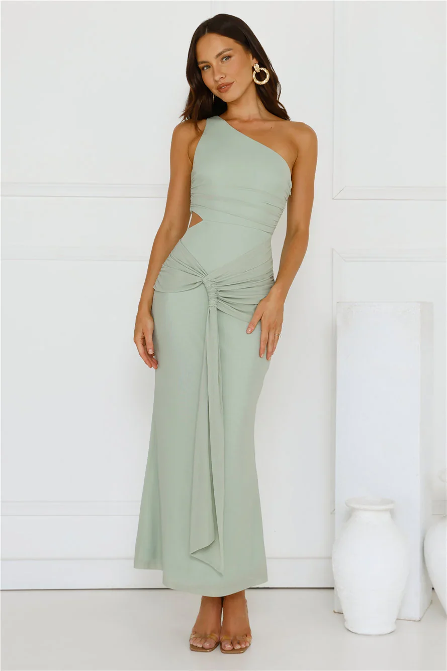 Style Capital One Shoulder Mesh Maxi Dress Sage