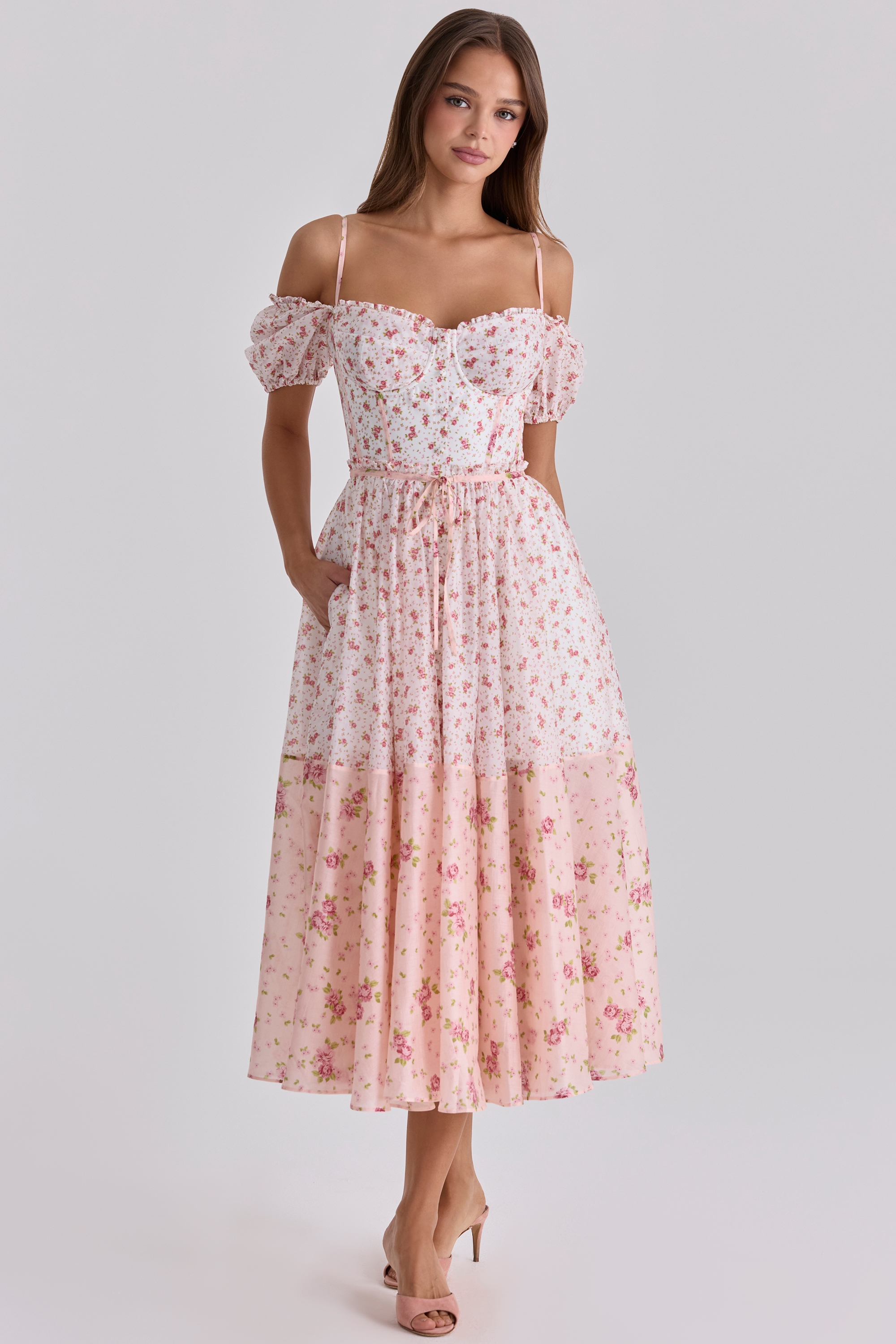 white rose print georgette ribbon midi dress