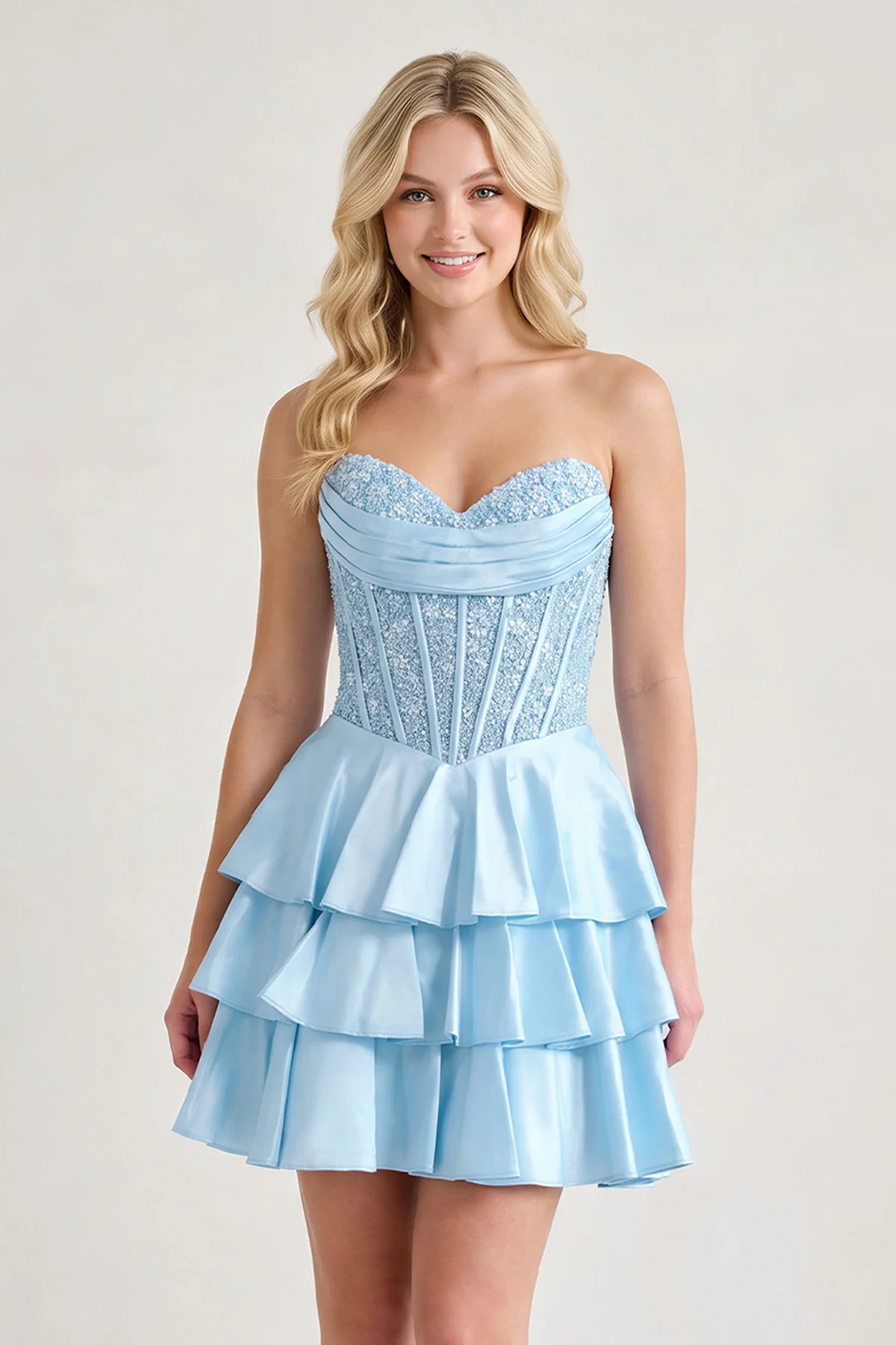 Sky Blue A Line Satin Corset Ruffled Sweetheart Homecoming Dresses with Beads