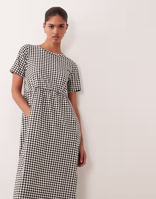 Threadbare jersey short sleeve midi dress in black and white gingham print