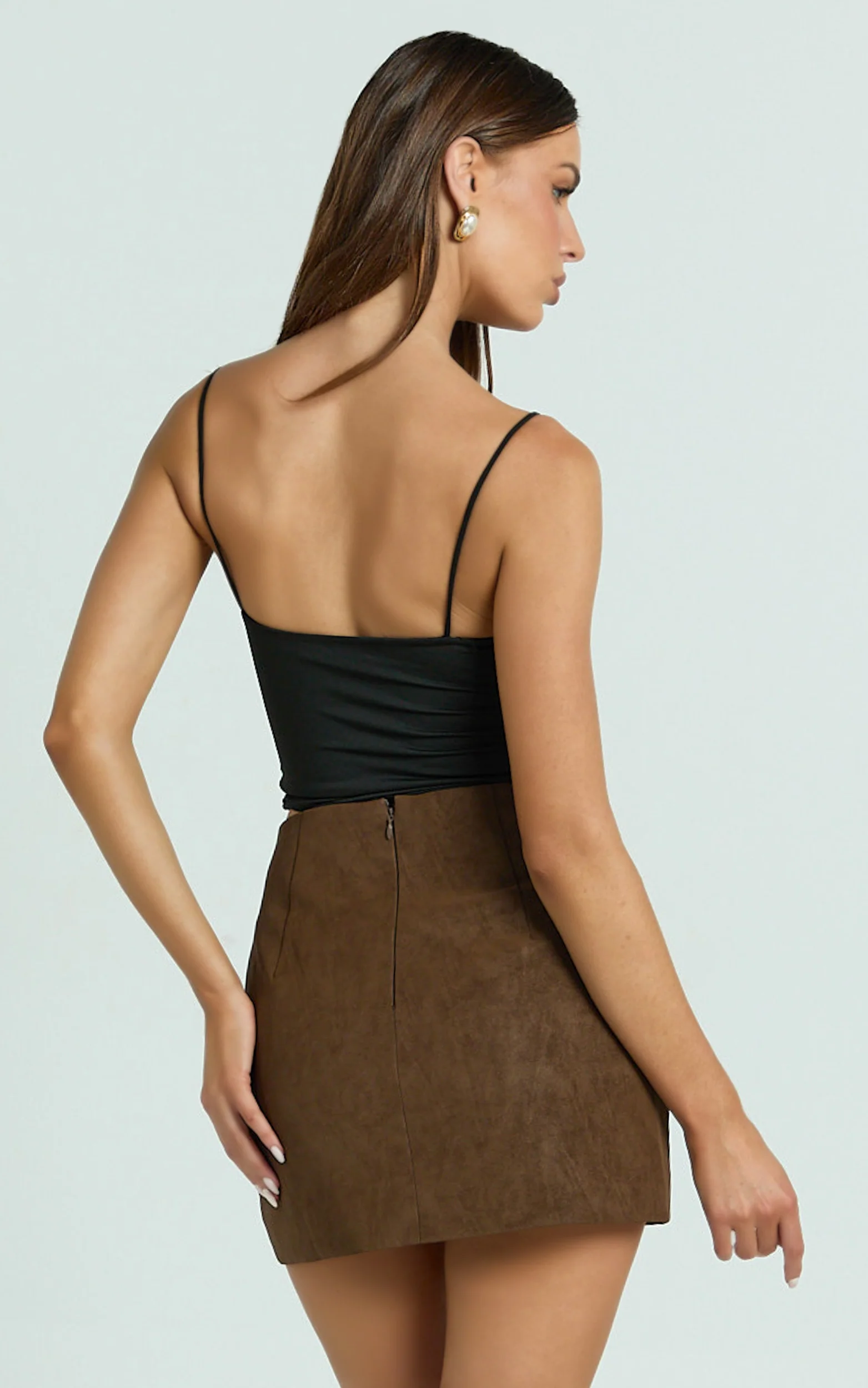 Gretchen Mini Skirt - High Rise Faux Suede Skirt in Brown