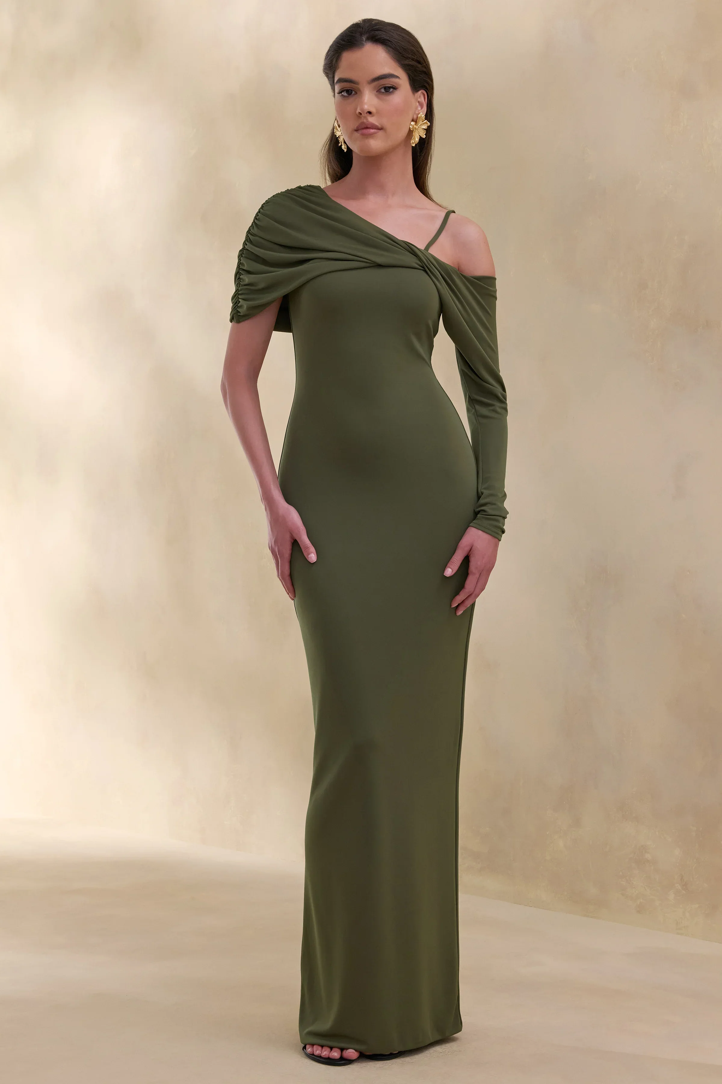 Silvaria | Olive Twisted Asymmetric-Neck Maxi Dress