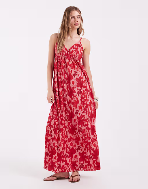 PIECES wrap detail cami plisse maxi dress in pink and red floral print