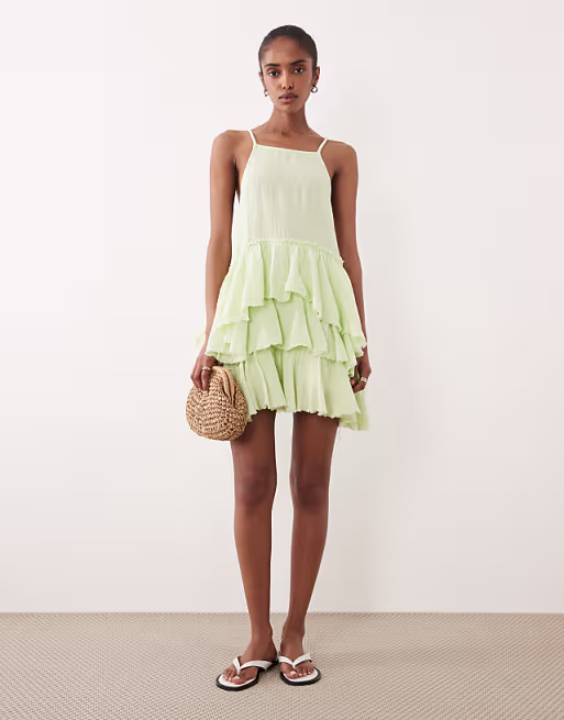 double cloth washed mini sundress with distressed ruffles in washed lime