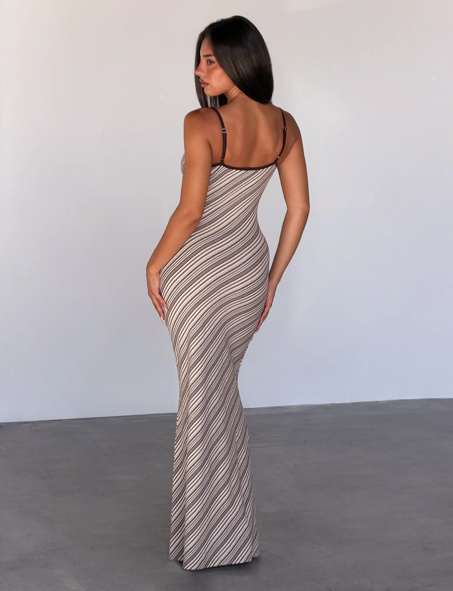 SLOANE MAXI DRESS - TAN AND CHOC STRIPE