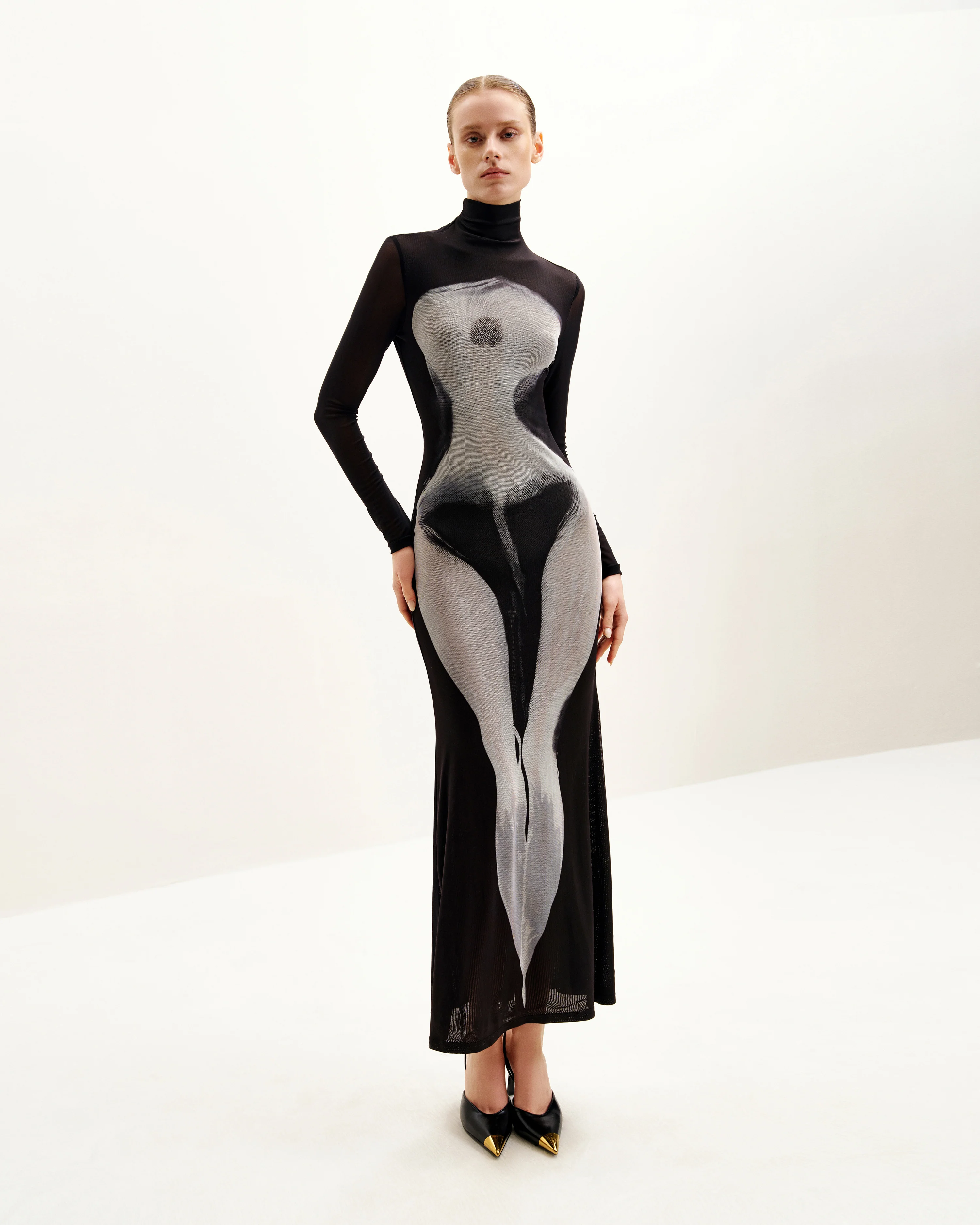 Eva Body Print Mesh Dress - Black and White - FASHION NOB