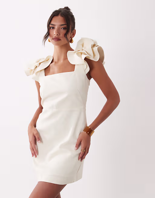 YAS exaggerated ruffle sleeve square neck mini dress in white