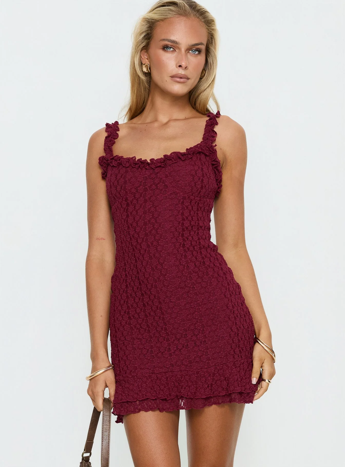Steffi Frill Lace Mini Dress Burgundy